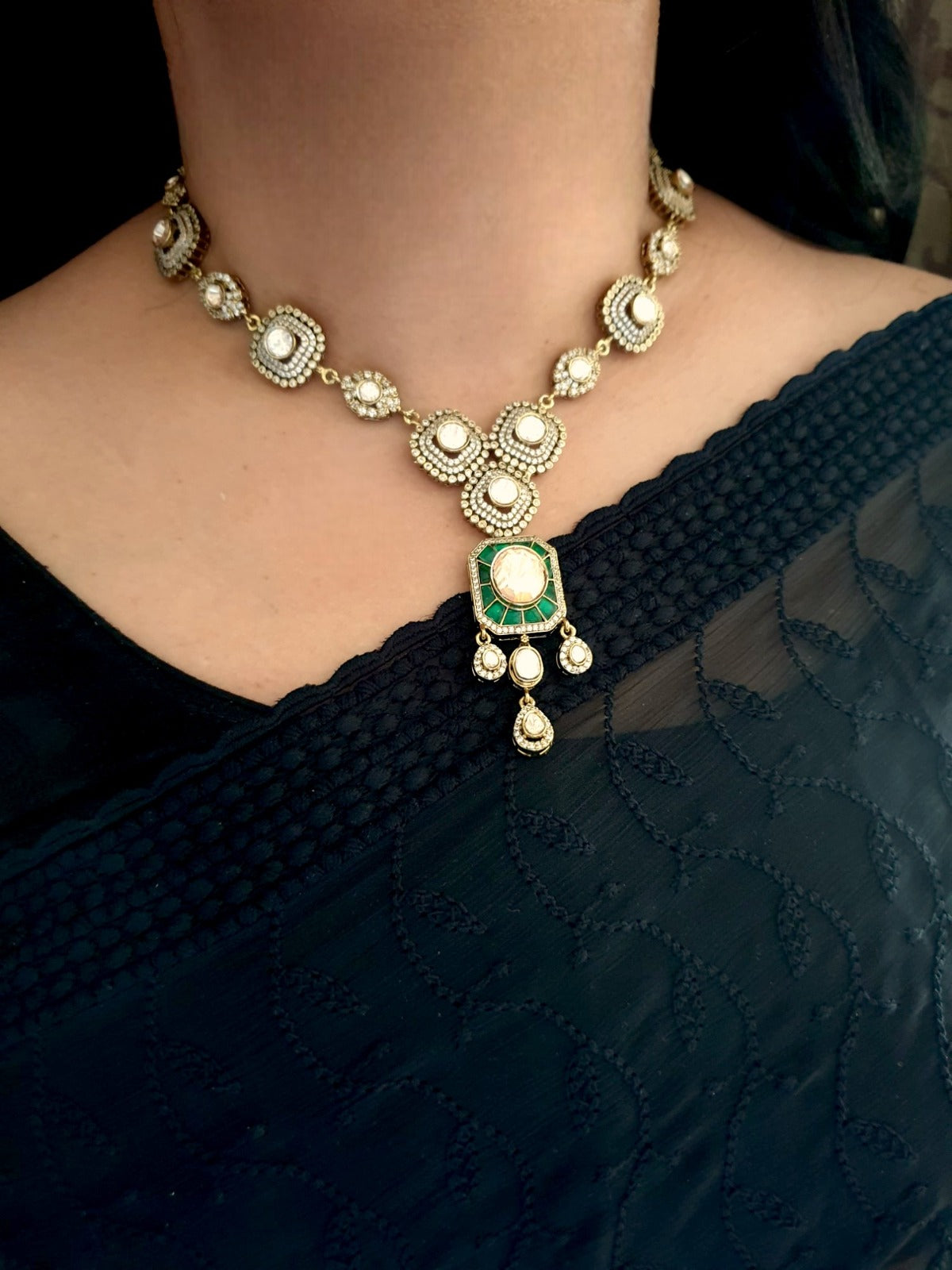 Kundan Polki Jadau Emerald Green Stone Necklace