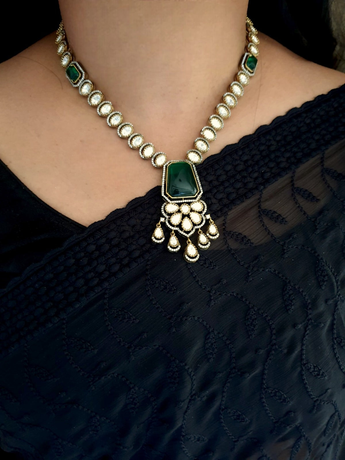 Green Moissanite Kundan Premium Necklace With Earrings