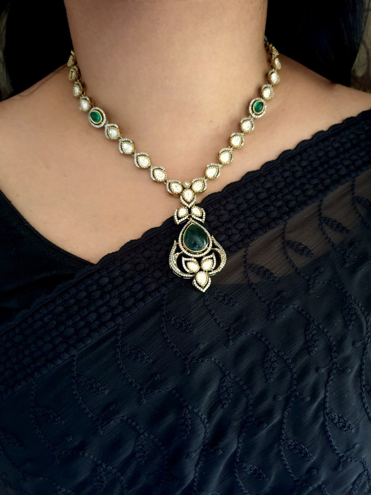 Green Moissanite Kundan Premium Delicate Necklace With Earrings