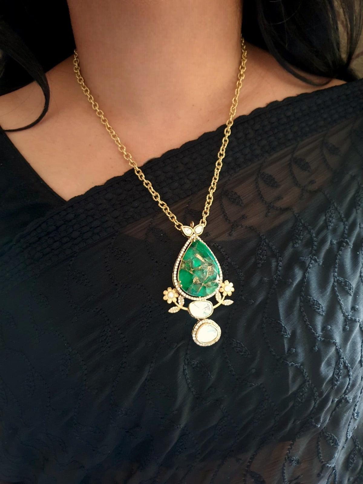 Green Doublet Stone Chain Necklace With Earrings