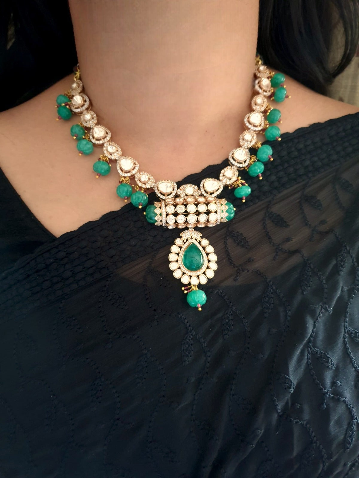 Champagne Kundan Polki Necklace Set With Emerald Pumpkin Beads