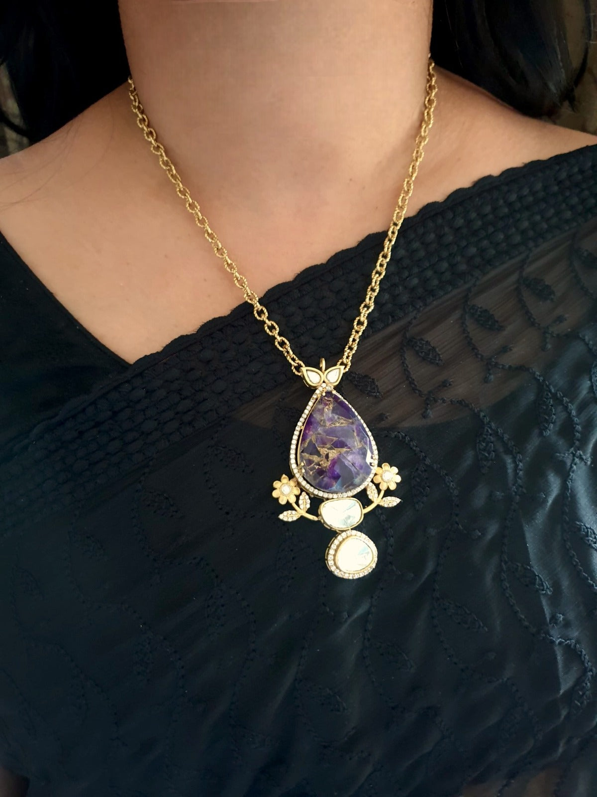 Purple Doublet Stone Chain Necklace With Earrings
