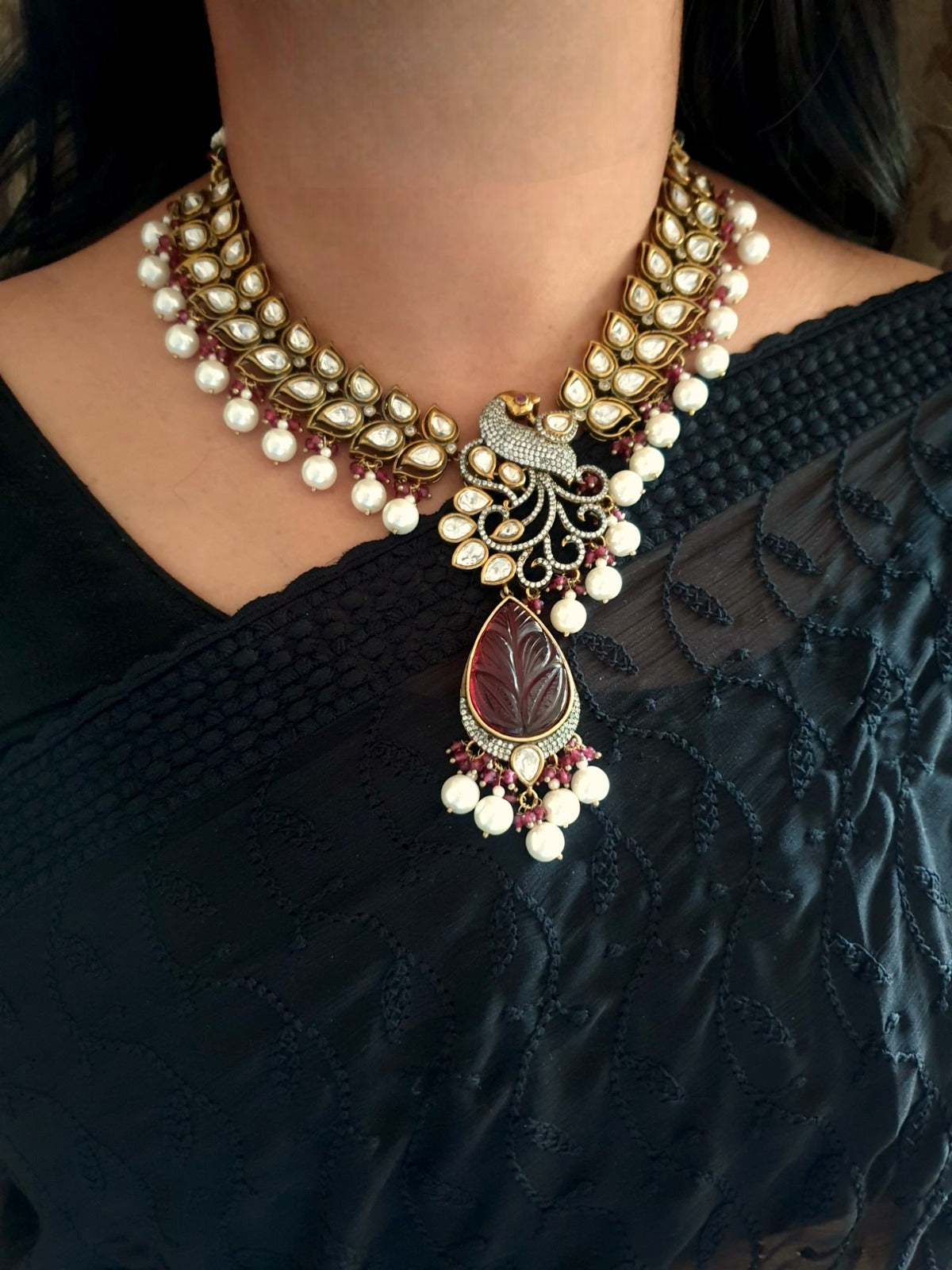 Peacock Kundan Polki Necklace With Earrings