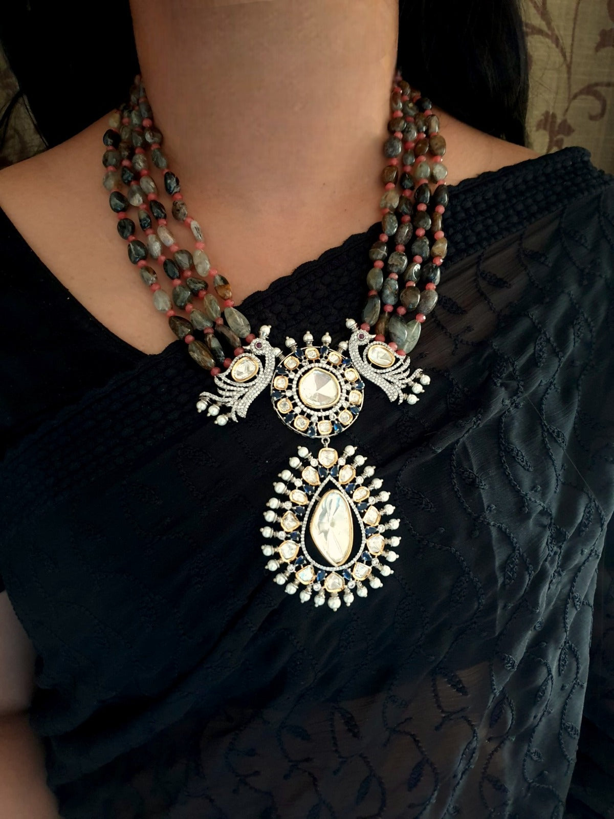 Grey Uncut Mossansite Kundan Bird Pendant Set