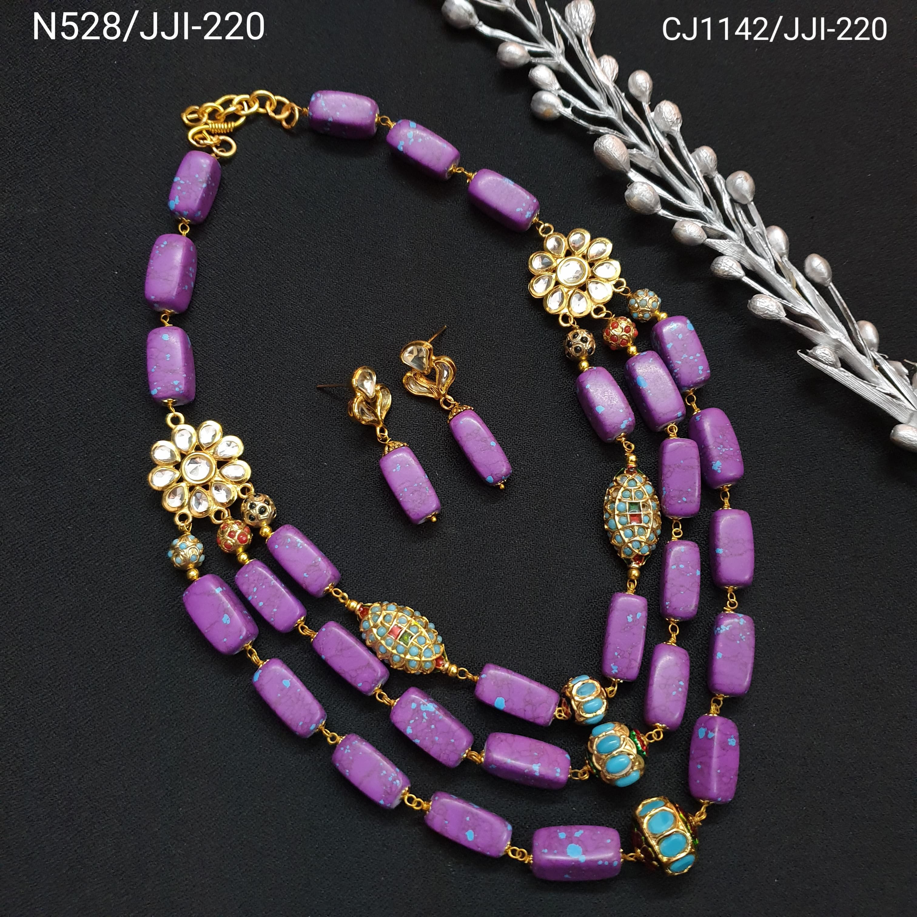 Purple Beaded Jadau Work Kundan Necklace