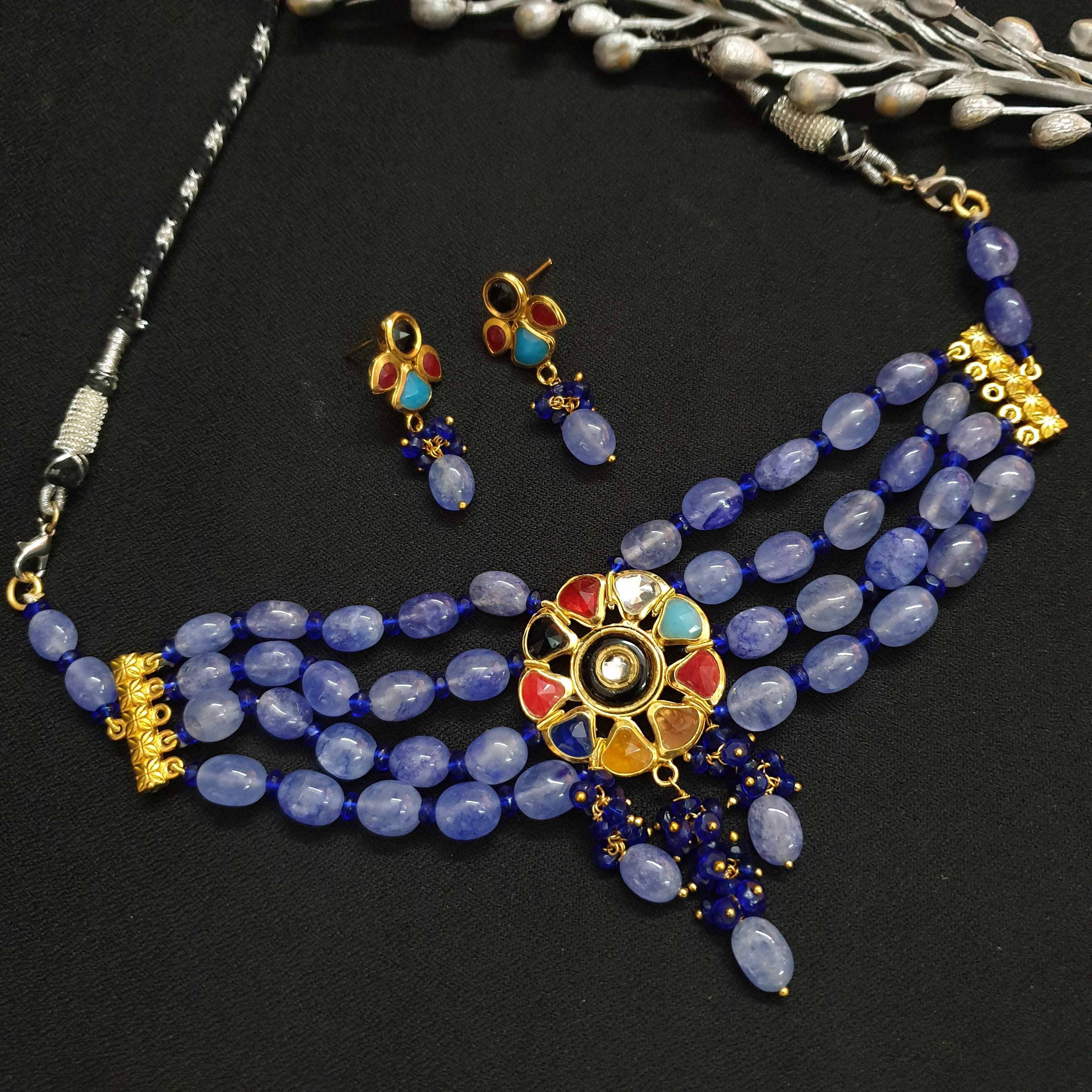 Blue Stone Kundan Meenakari Choker Necklace With Earrings