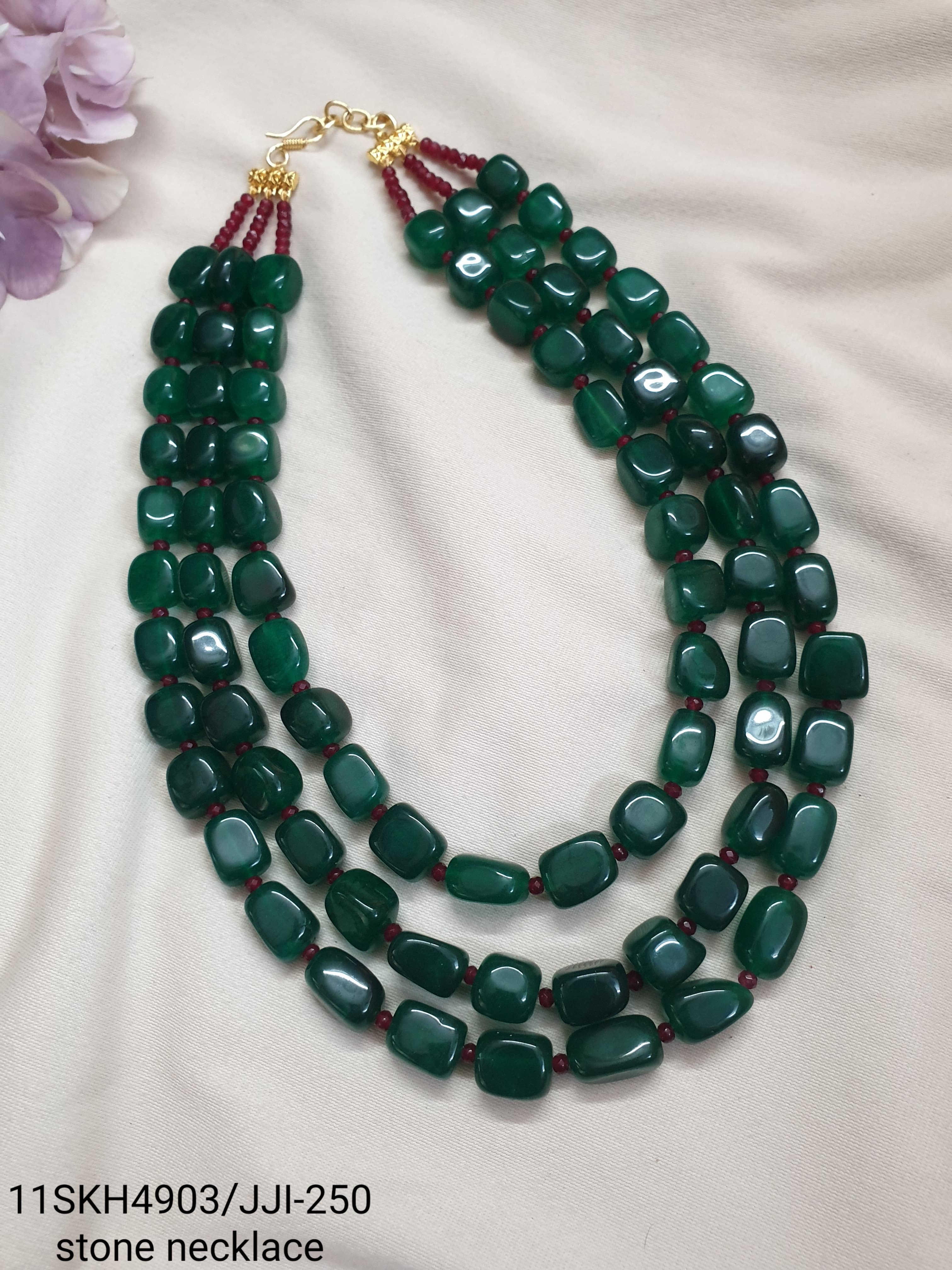 Emerald Green Color Bead Three Layered Necklace