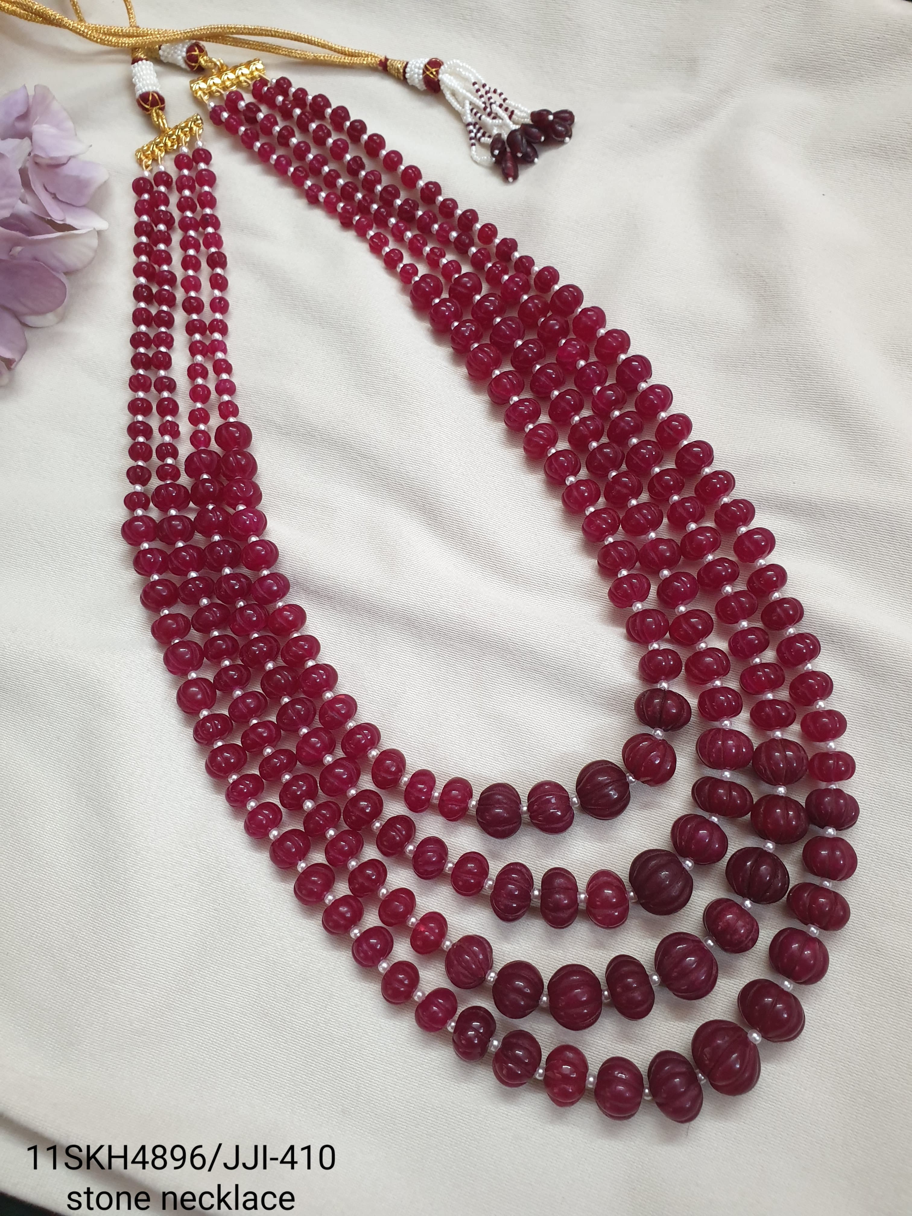 Ruby Pumpkin Engraved Bead Layered Necklace