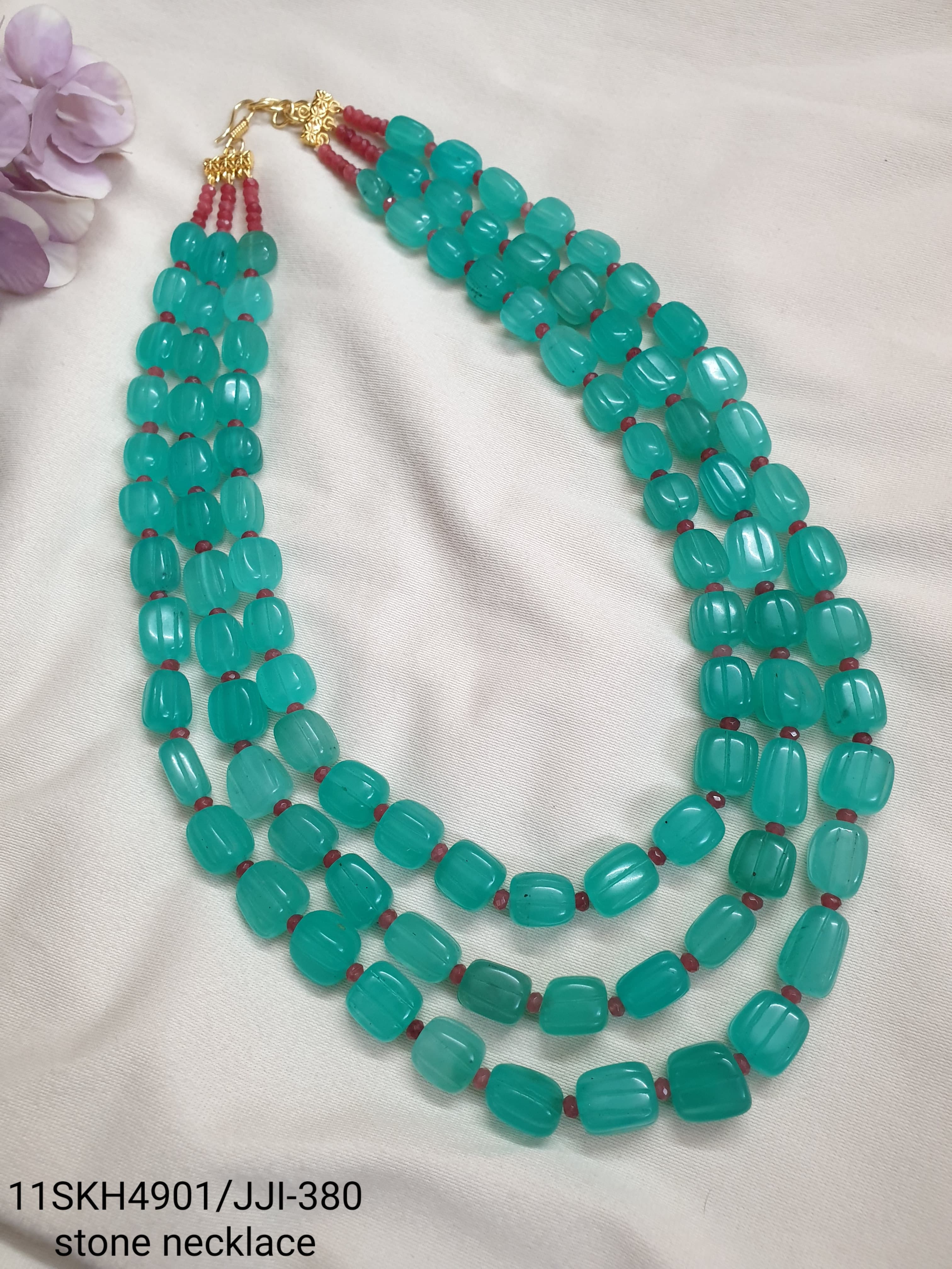 Green Carving Beaded Three Layered Long Necklace Set