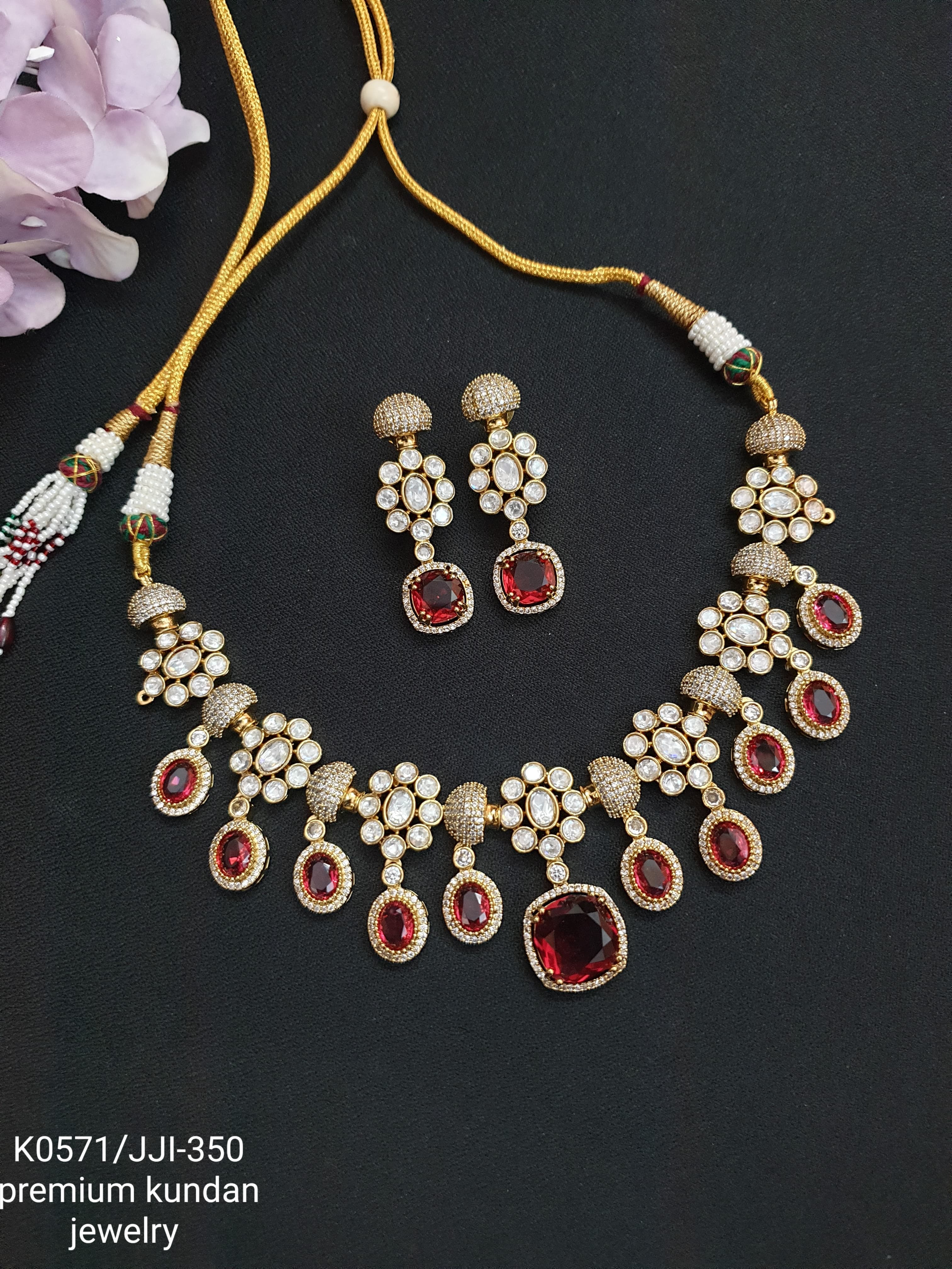 Ruby Polki American Diamond Drop Necklace