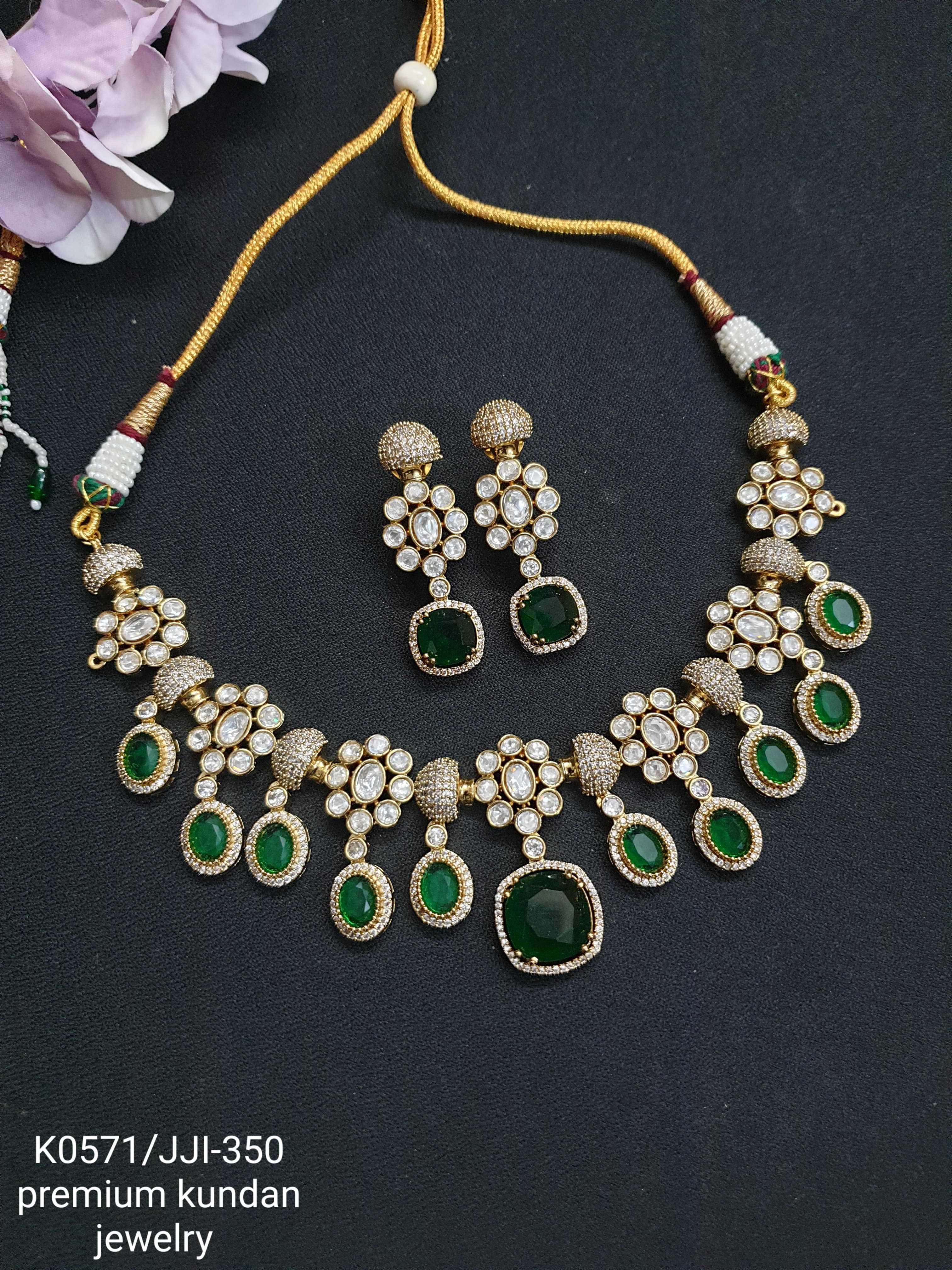 Emerald Polki American Diamond Drop Necklace