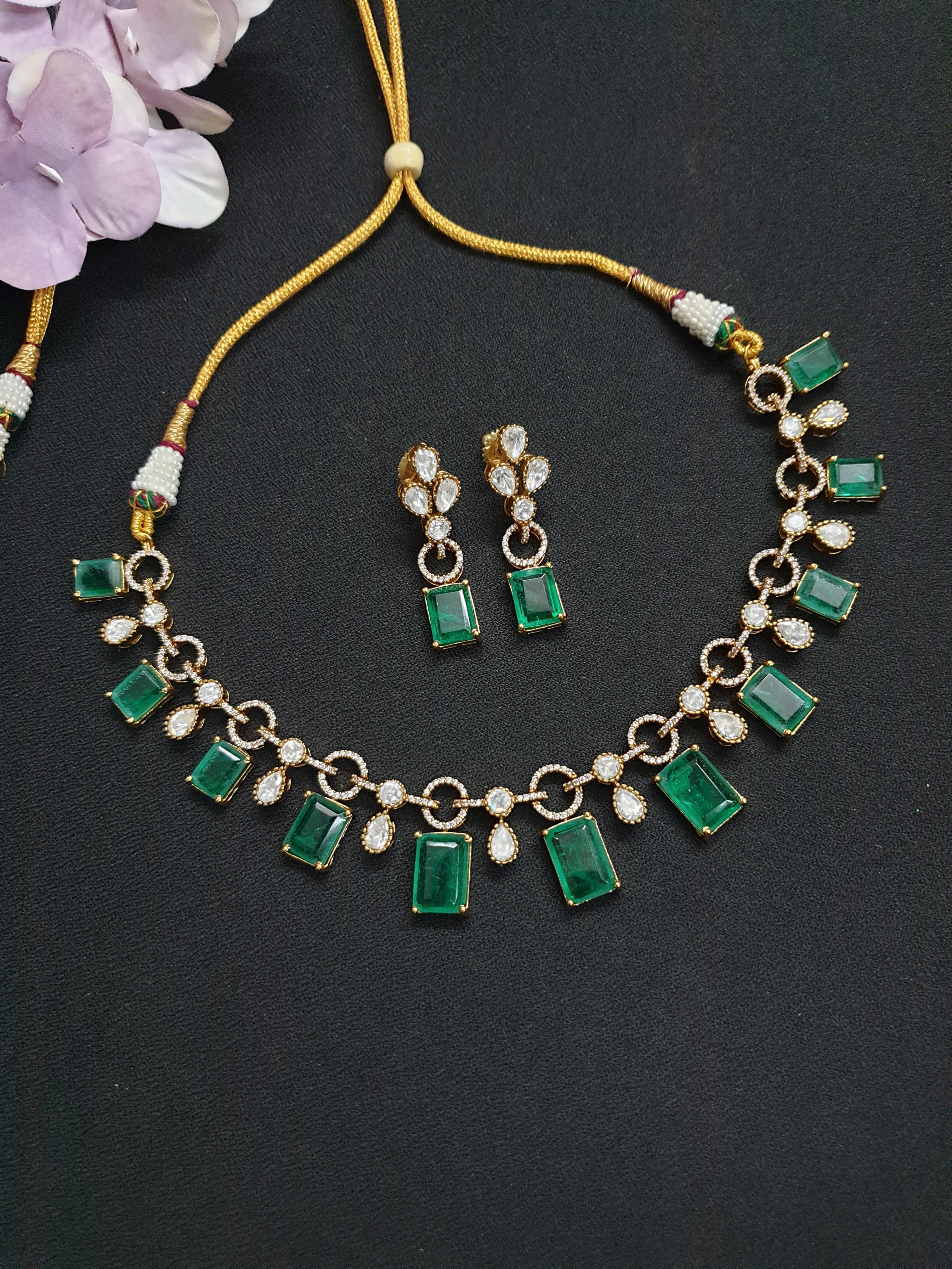 Emerald Polki American Diamond Necklace