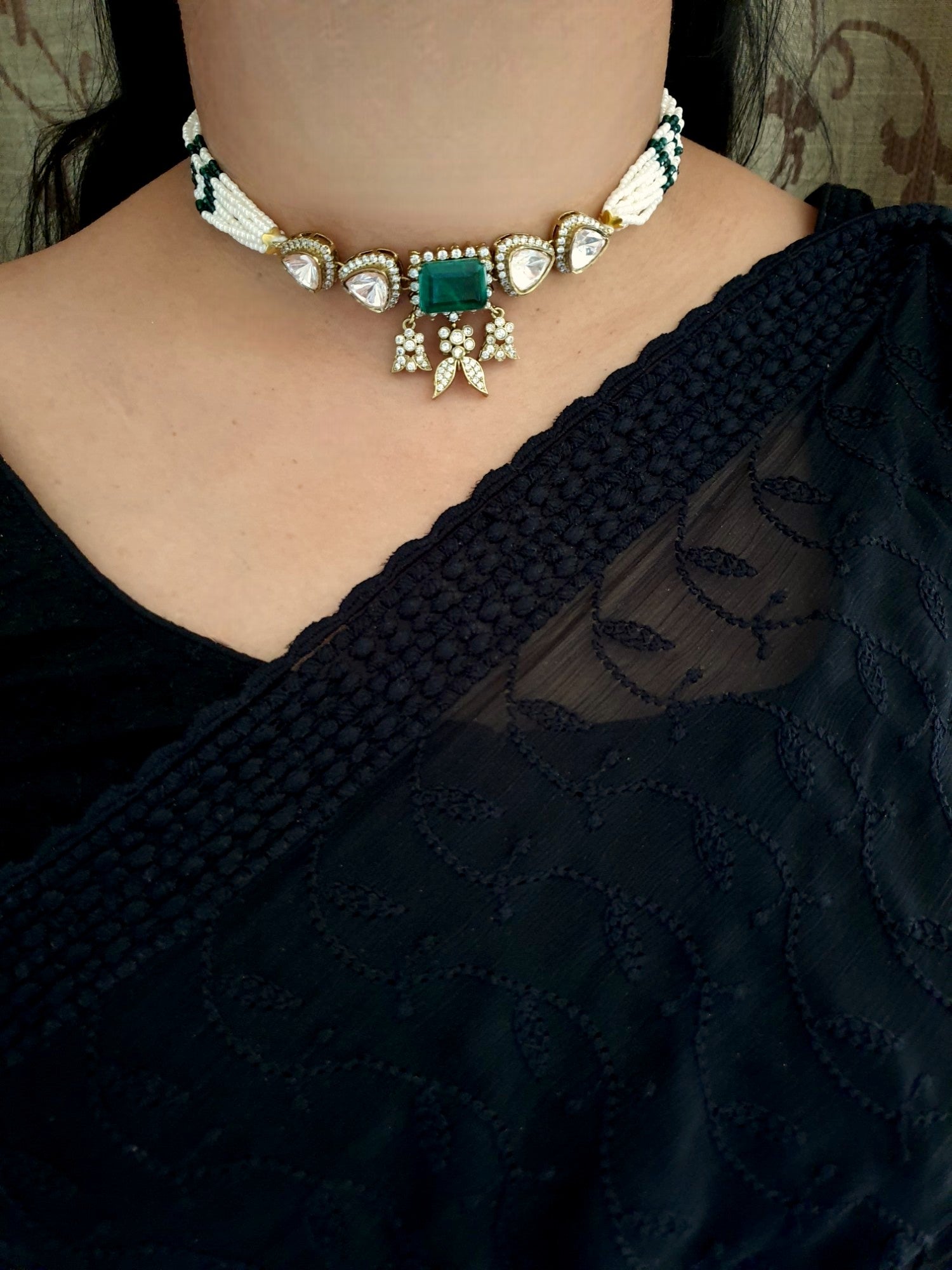 Emerald Stone Polki Choker Necklace