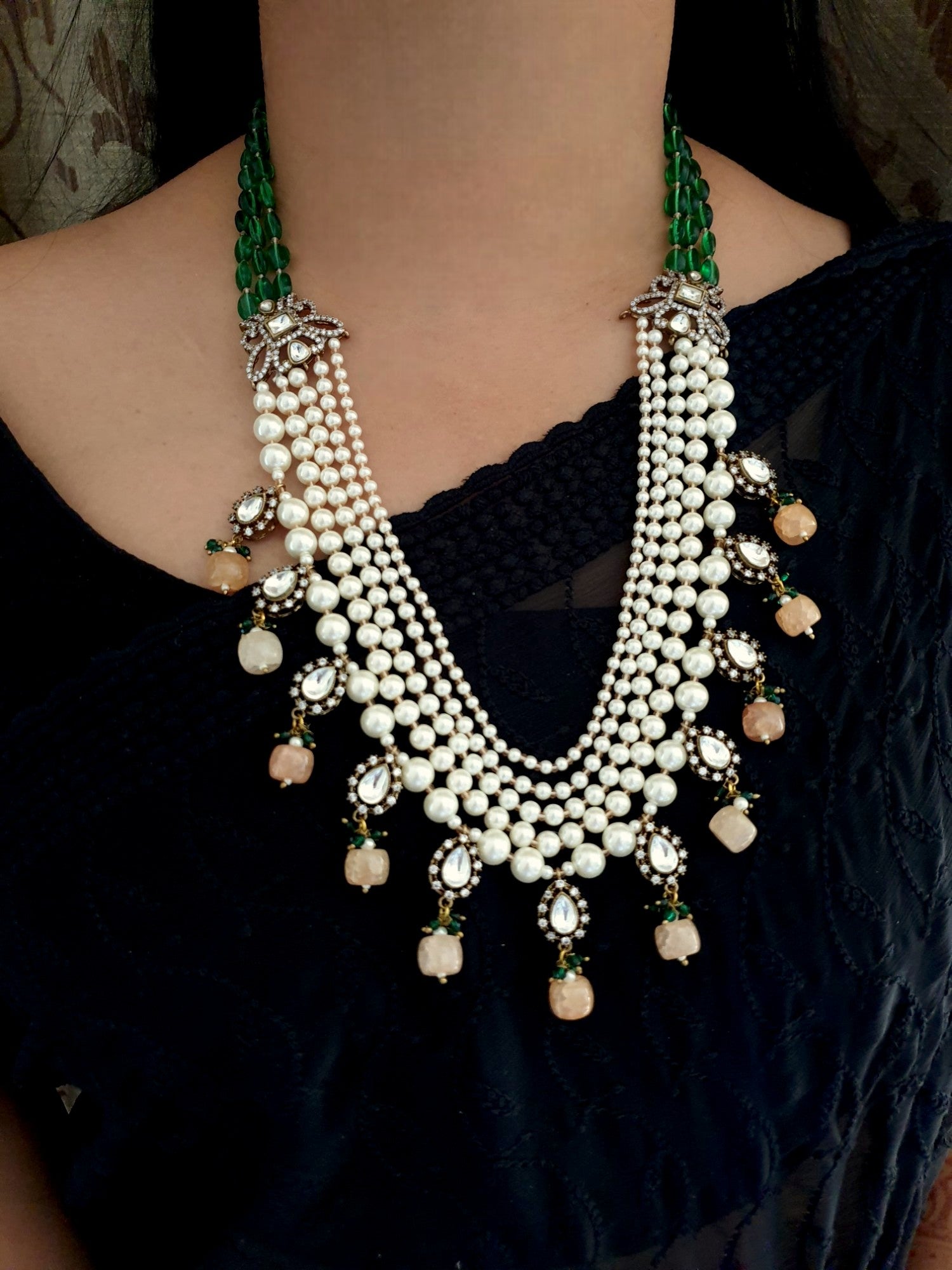 Pearl Green Beaded Kundan Polki Rani Haar Necklace