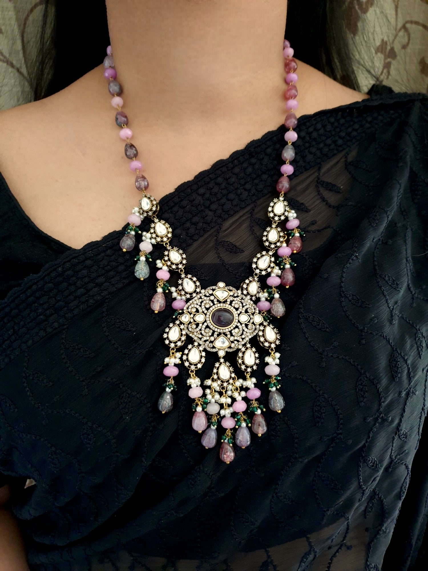 Purple Pink Stone Kundan Designer Pendant Set
