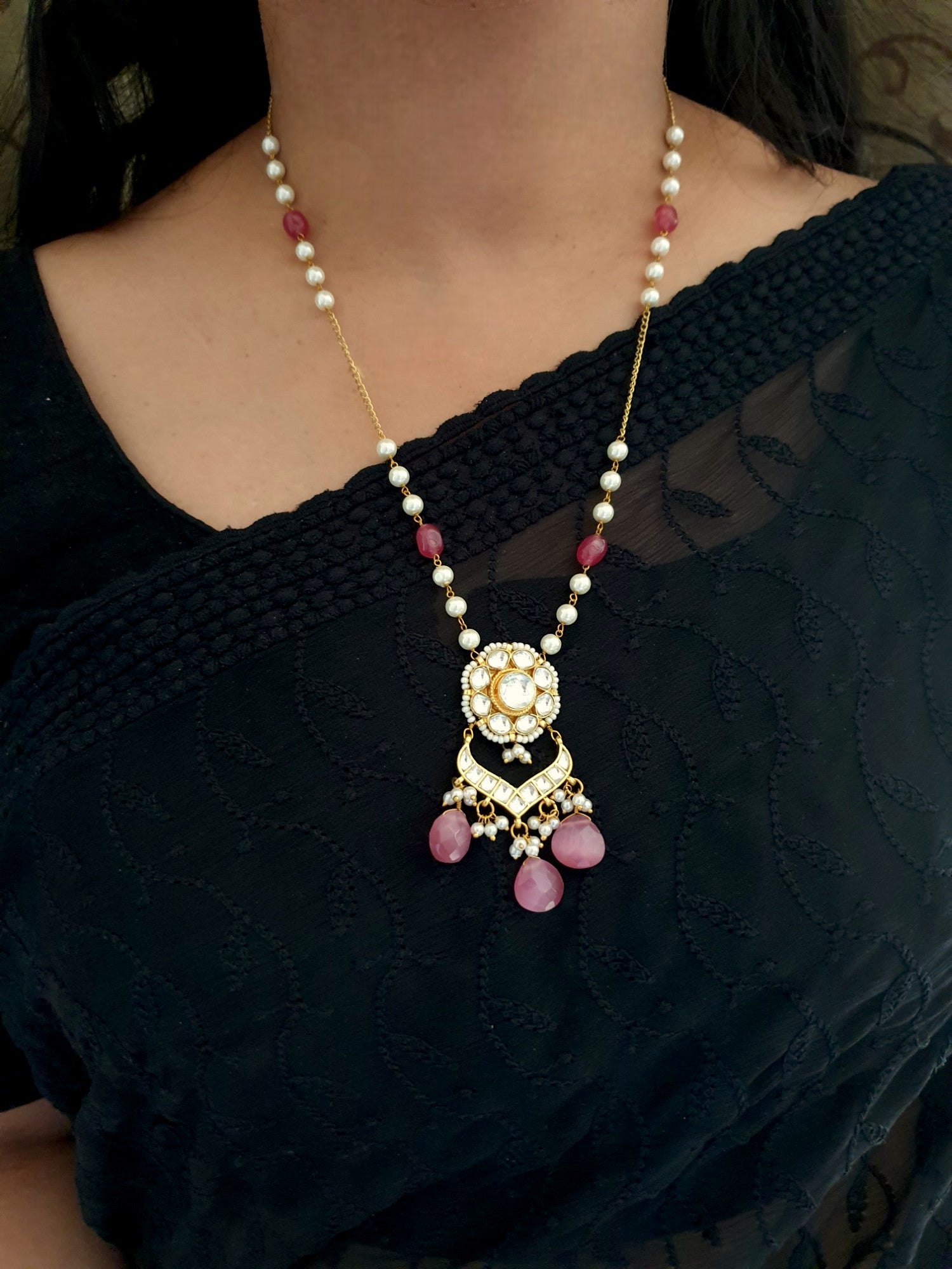 Pink Stone Kundan Small Pendant Set With Earrings