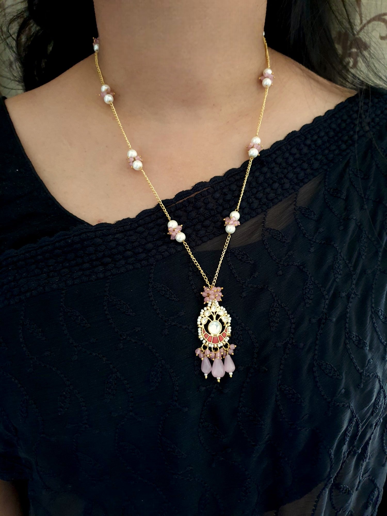Jadau Kundan Pink Orange Stone Small Pendant Set With Earrings