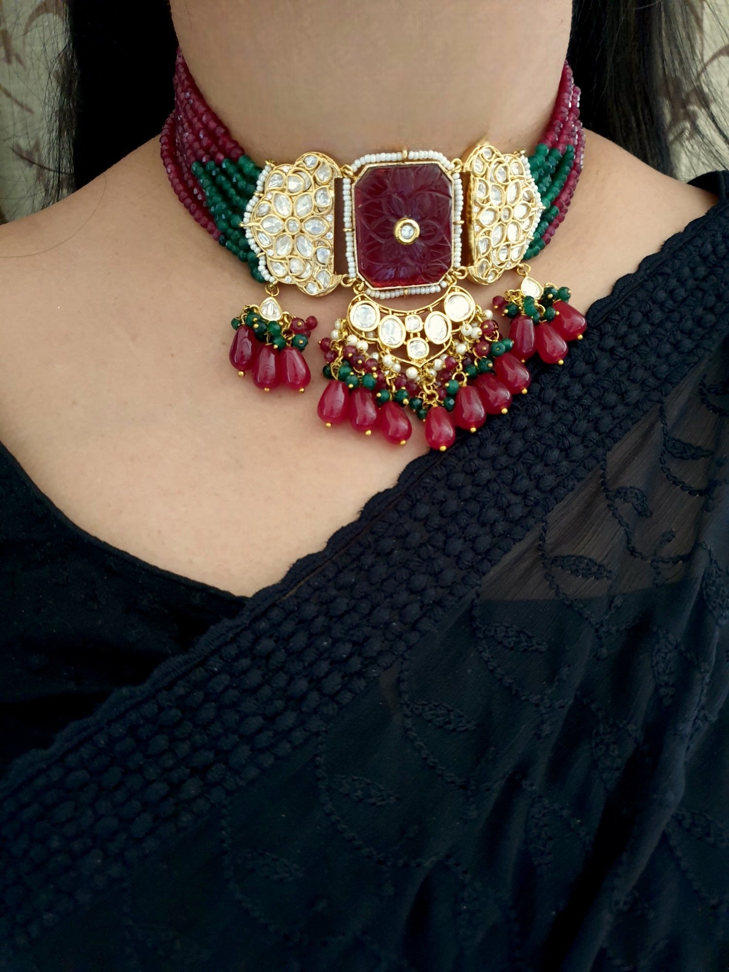 Ruby Kundan Polki Choker Necklace With Earrings