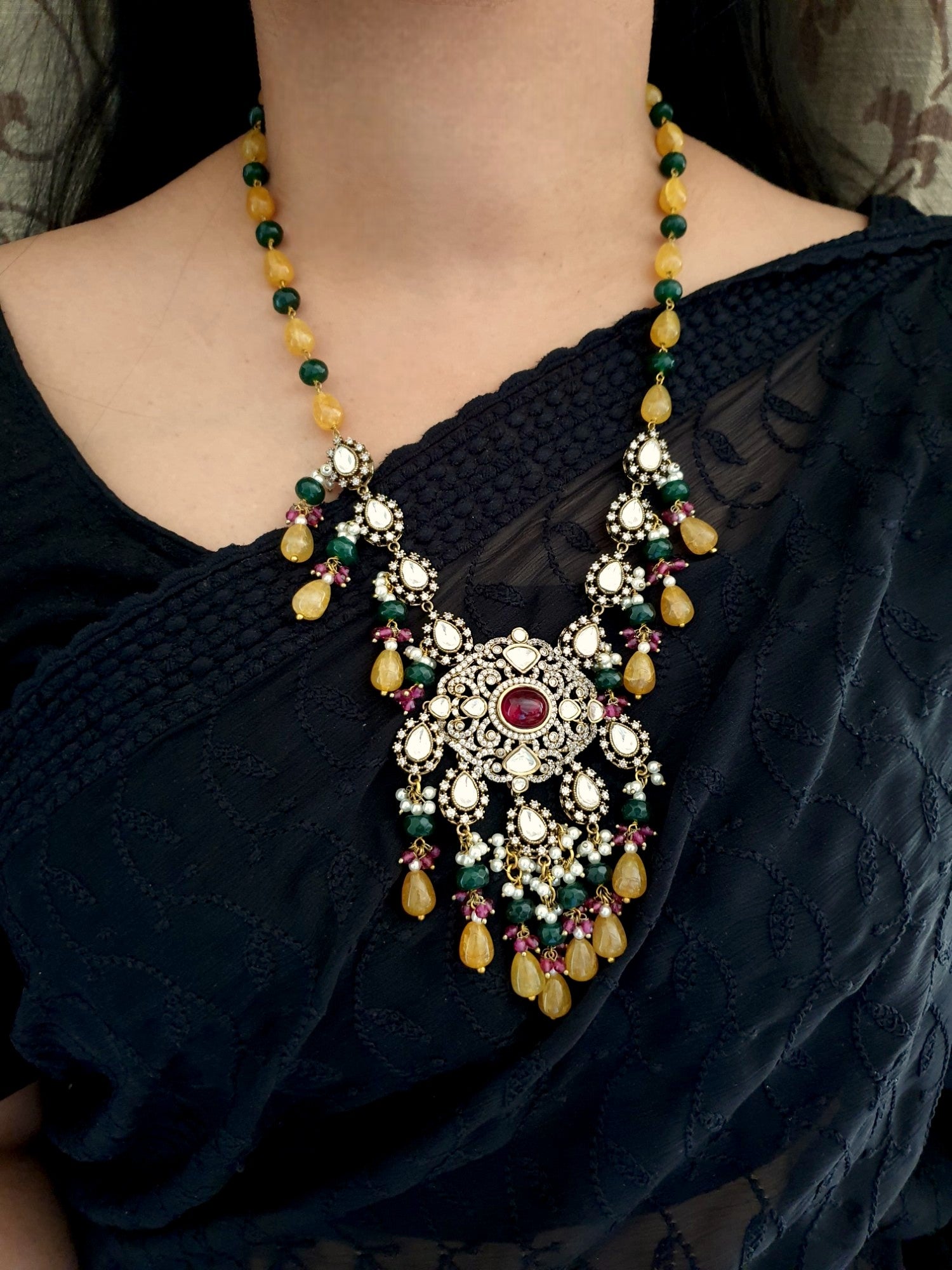 Yellow Green Stone Kundan Designer Pendant Set