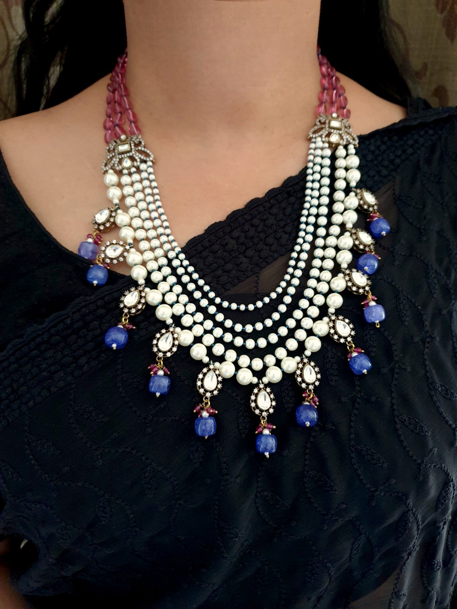 Pink Blue Beaded Kundan Polki Rani Haar Necklace