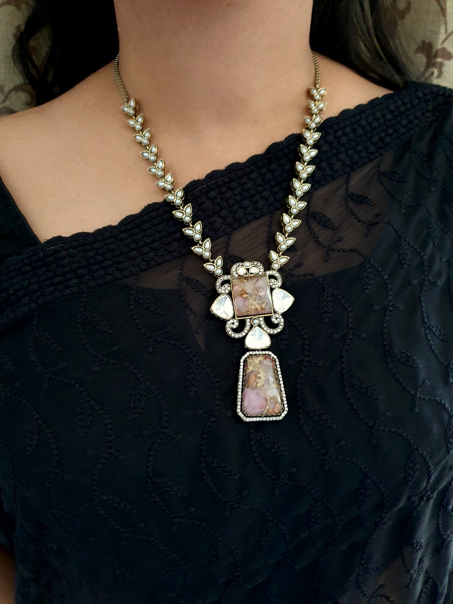 Pink Doublet Stone Long Necklace With Earrings