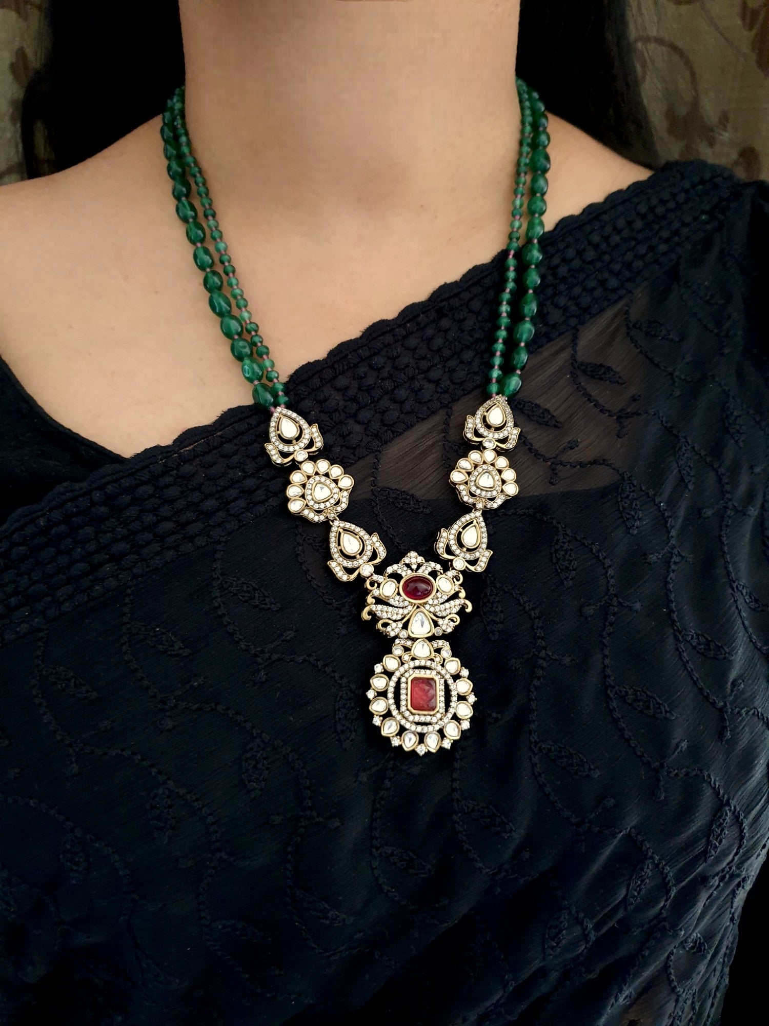 Green Stone Kundan Designer Pendant Set With Earrings