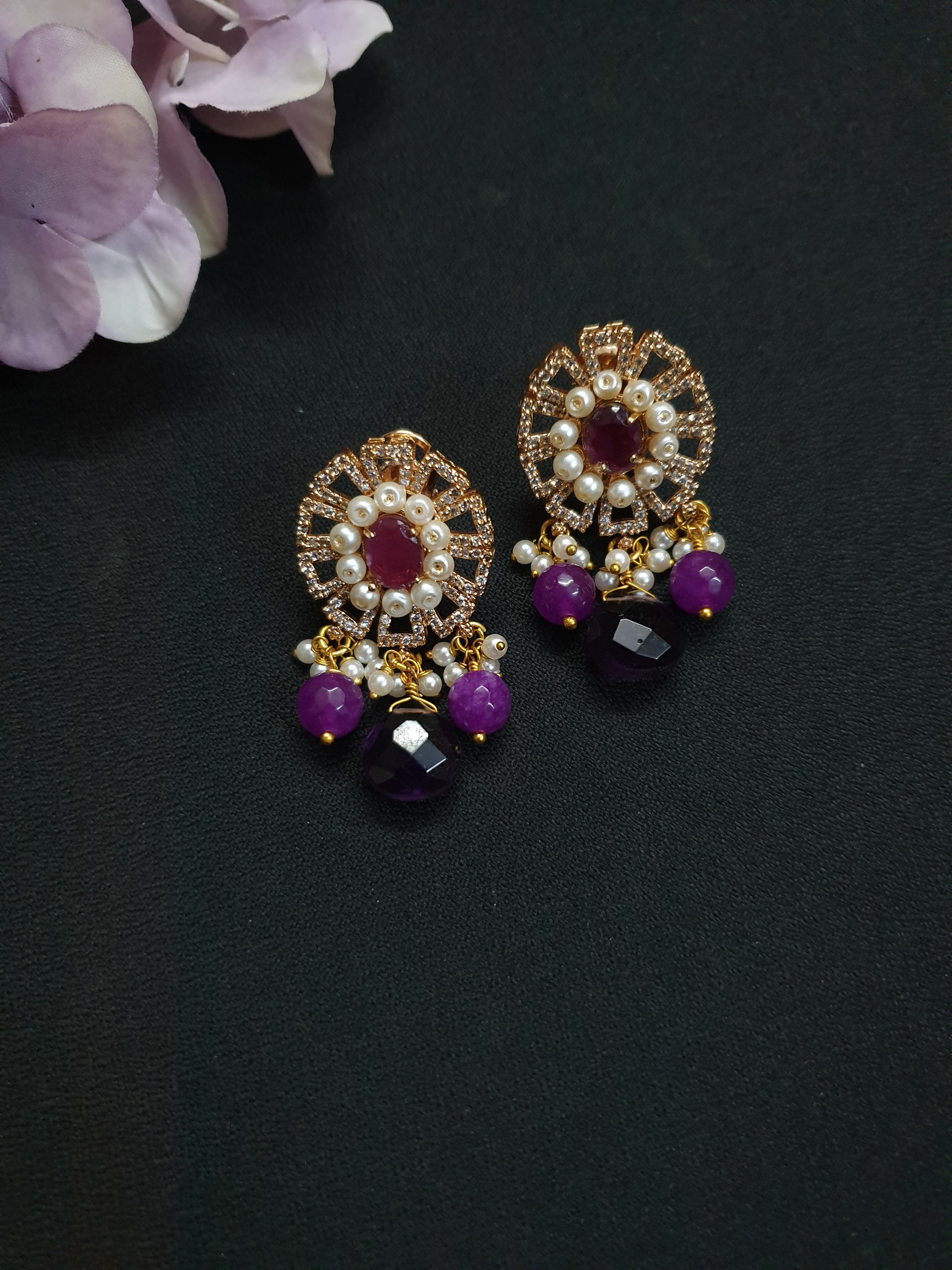 Purple American Diamond Pearl Earrings