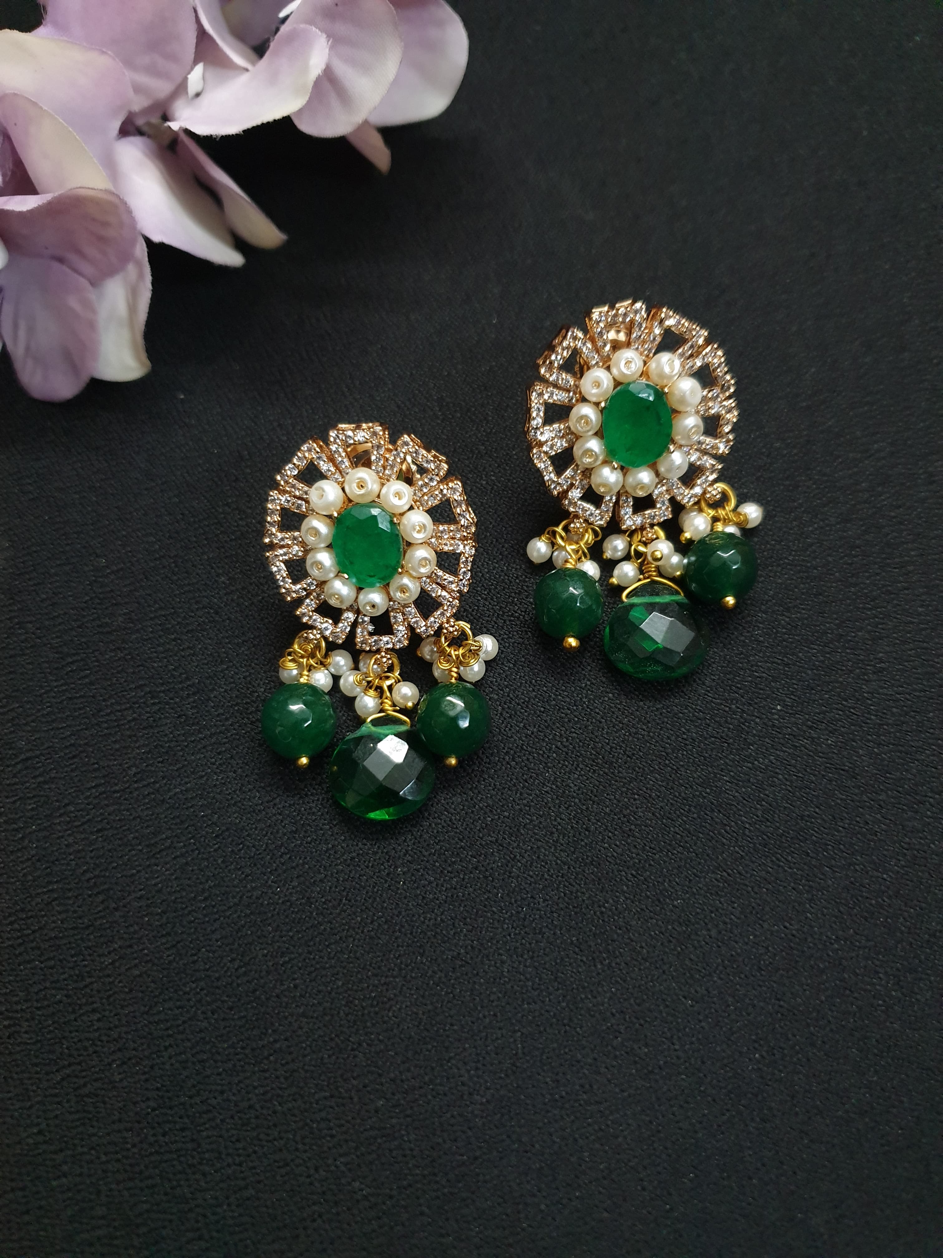 Emerald American Diamond Pearl Stud Earrings