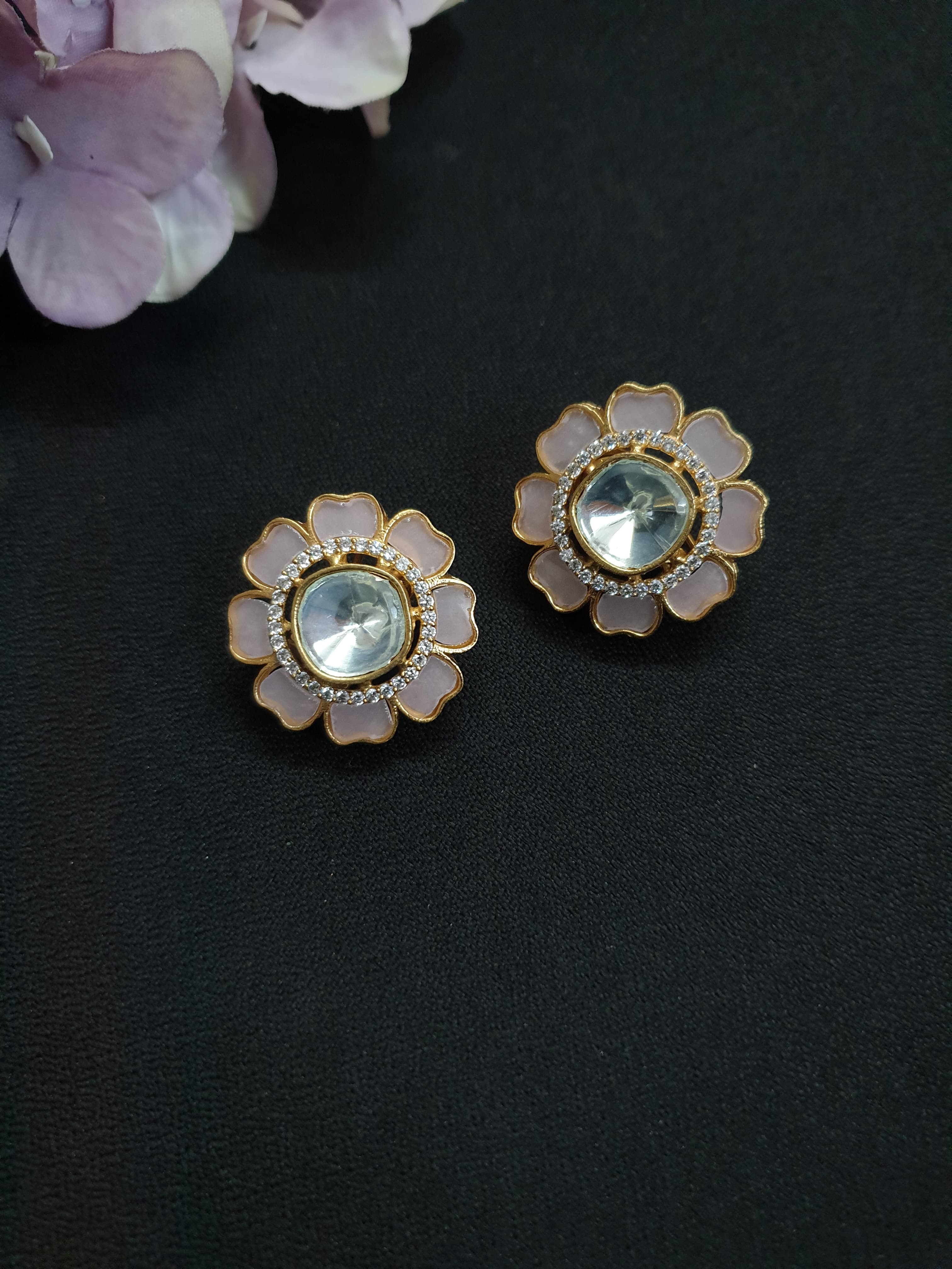 Pink Floral Meenakari Kundan Polki Earrings