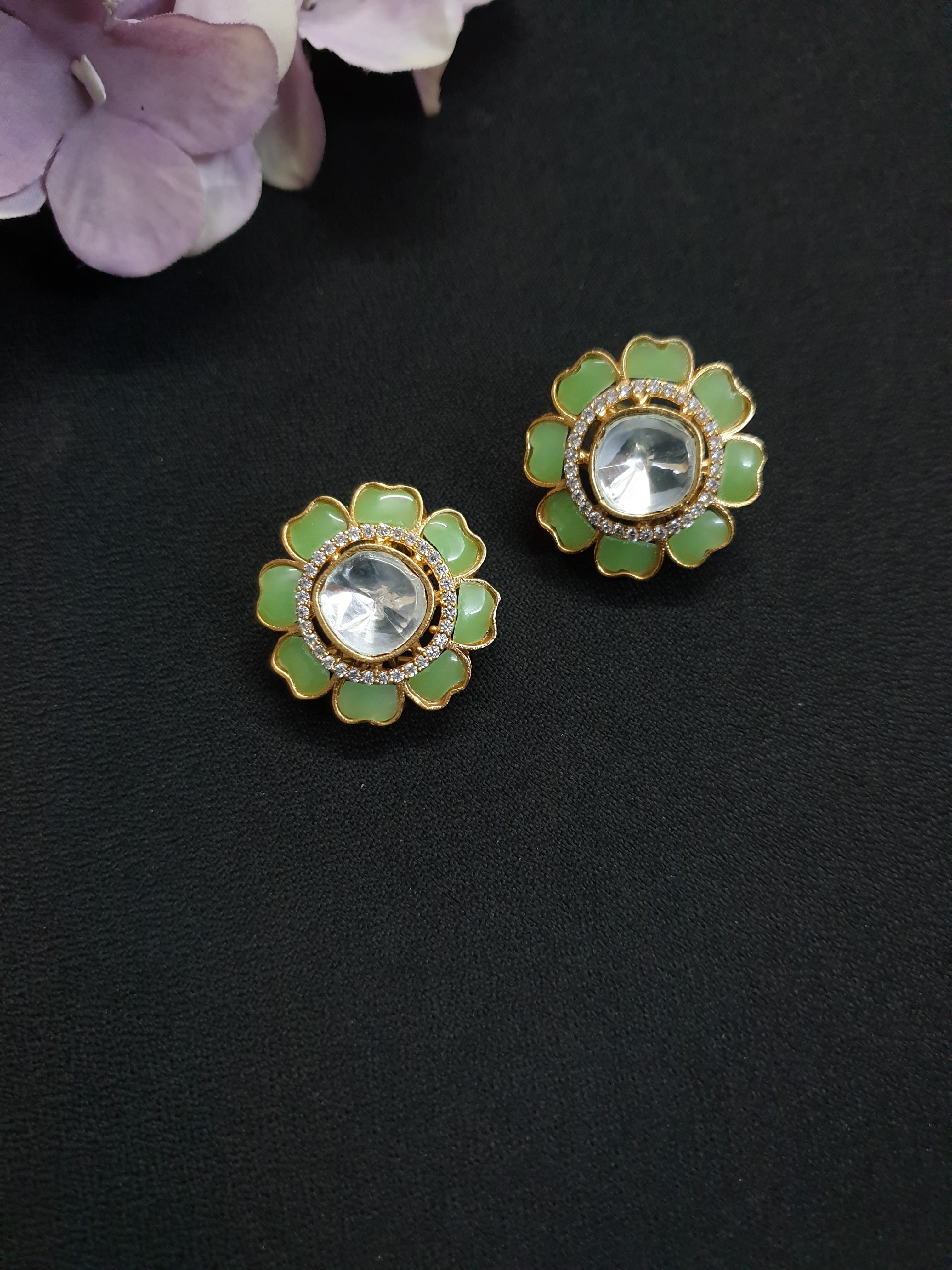 Mint Floral Meenakari Kundan Polki Earrings