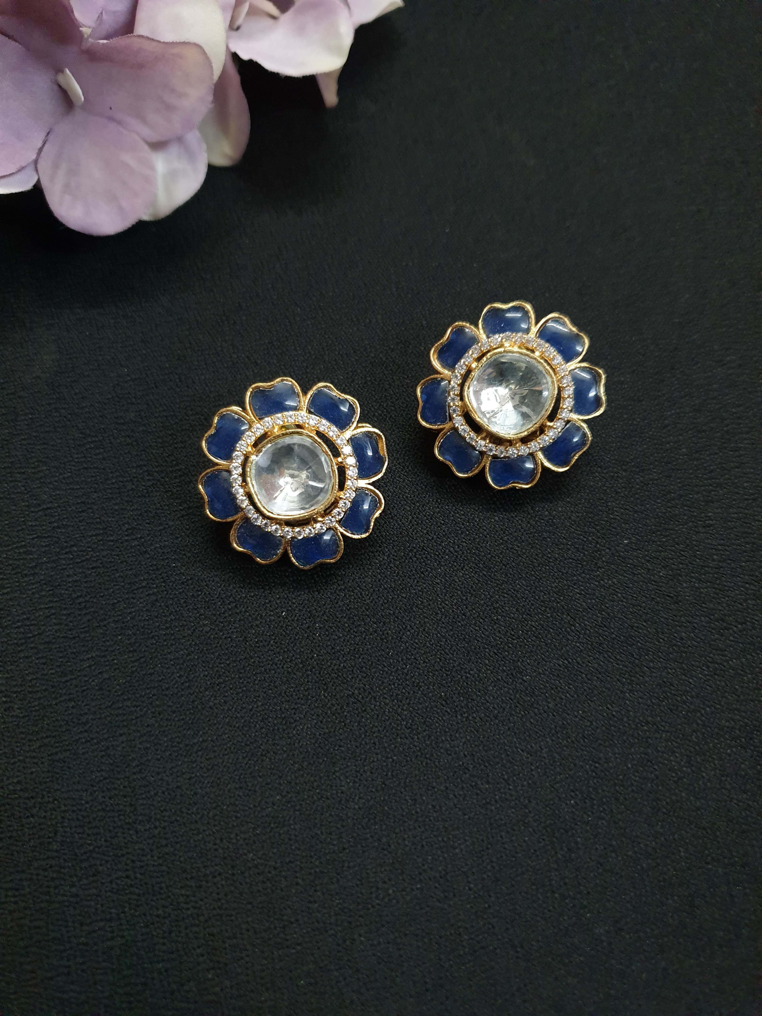 Blue Floral Meenakari Kundan Polki Earrings
