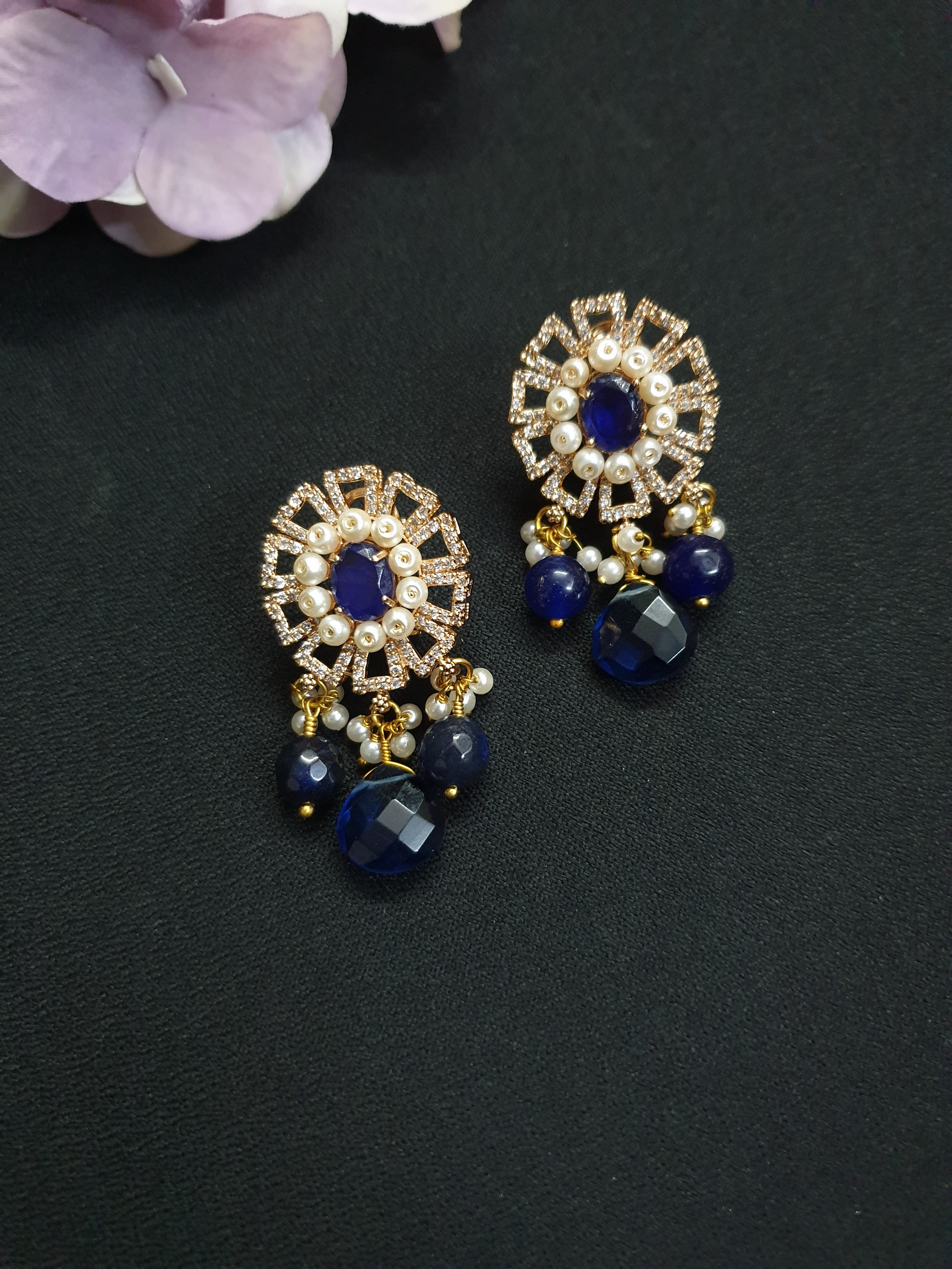 Blue American Diamond Pearl Stud Earrings