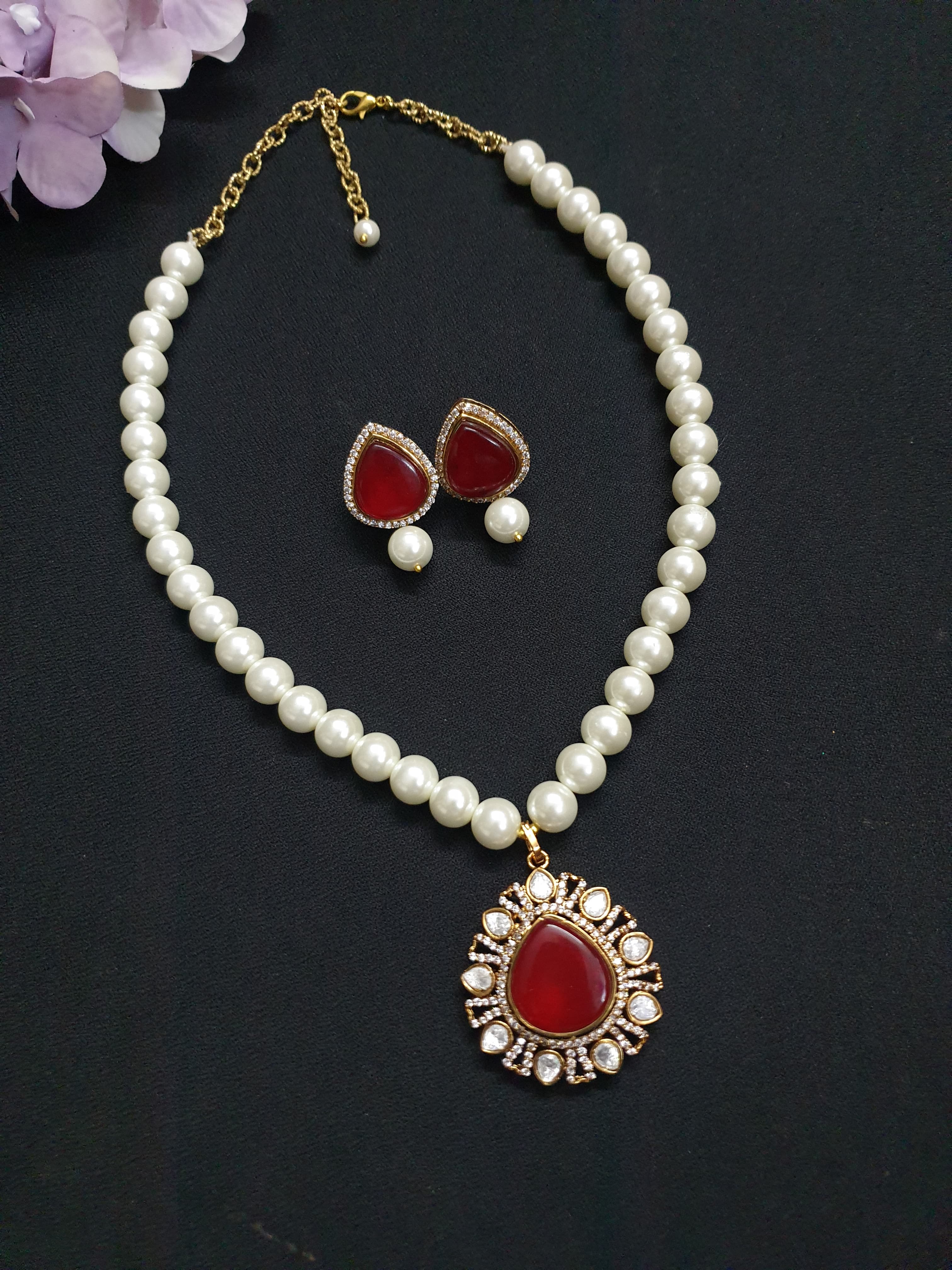 Ruby Stone Polki Drop Pearl Pendant Set