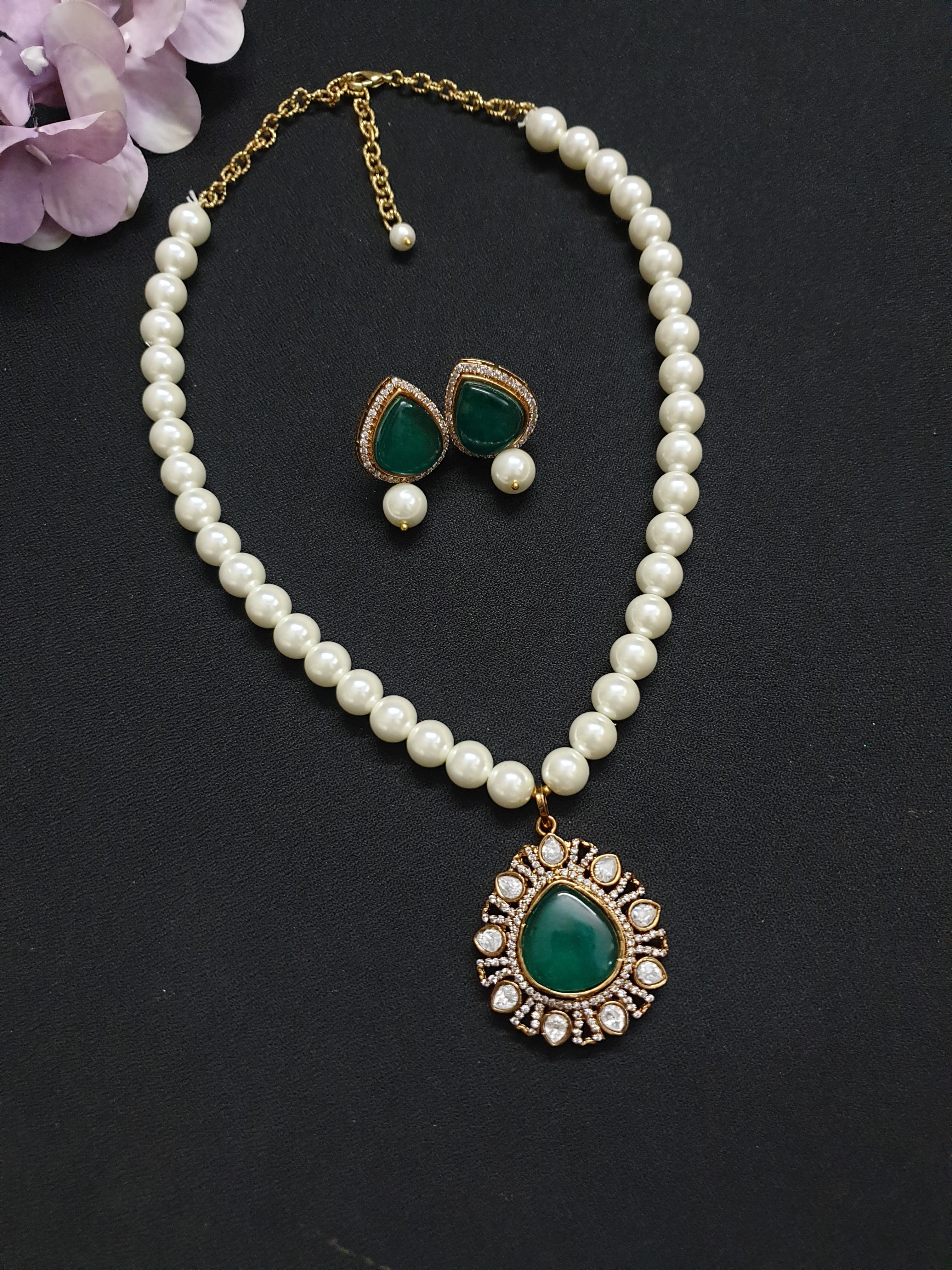 Emerald Stone Polki Drop Pearl Pendant Set