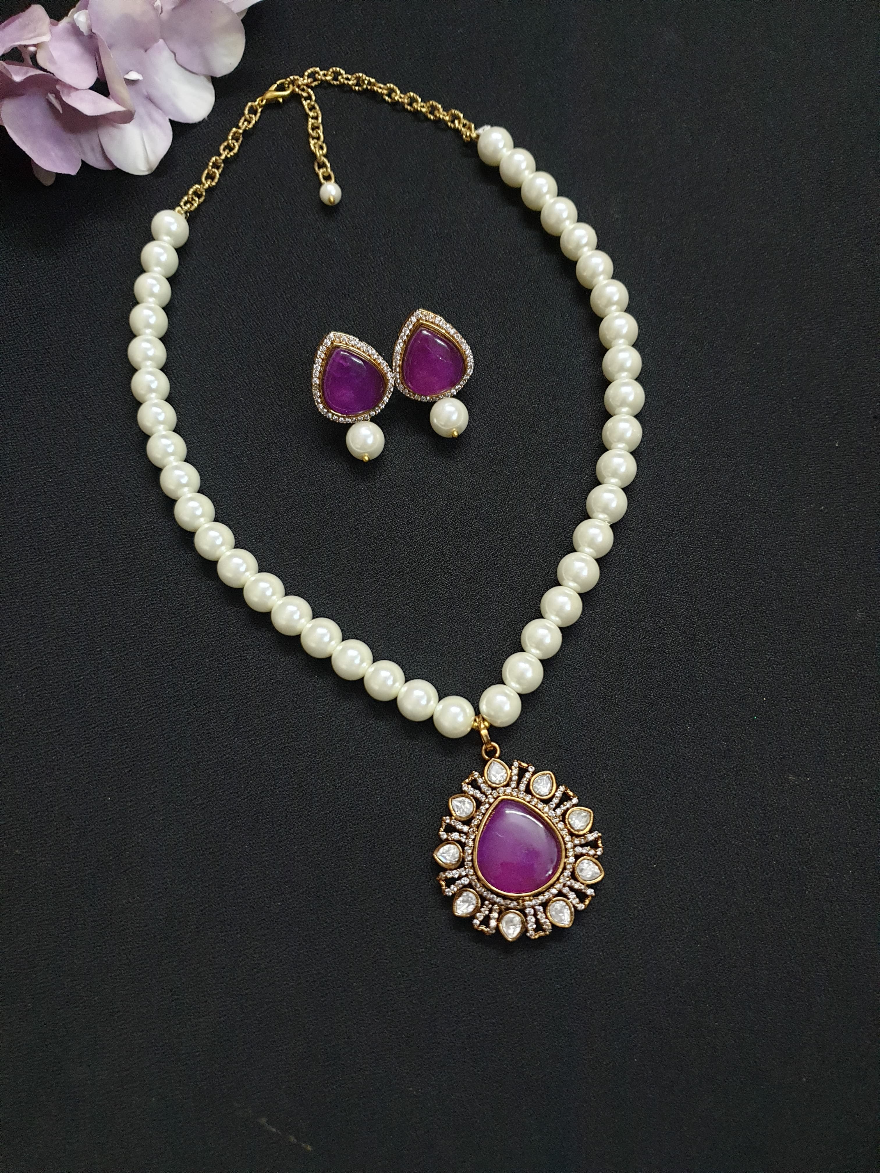 Purple Stone Polki Drop Pearl Pendant Set