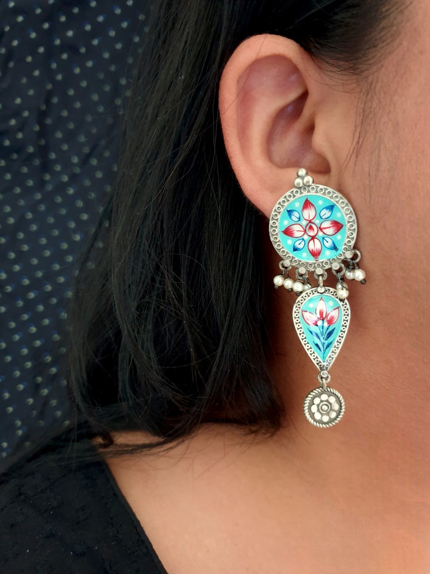 Oxidised Silver Sky Blue Handpainted Earrings