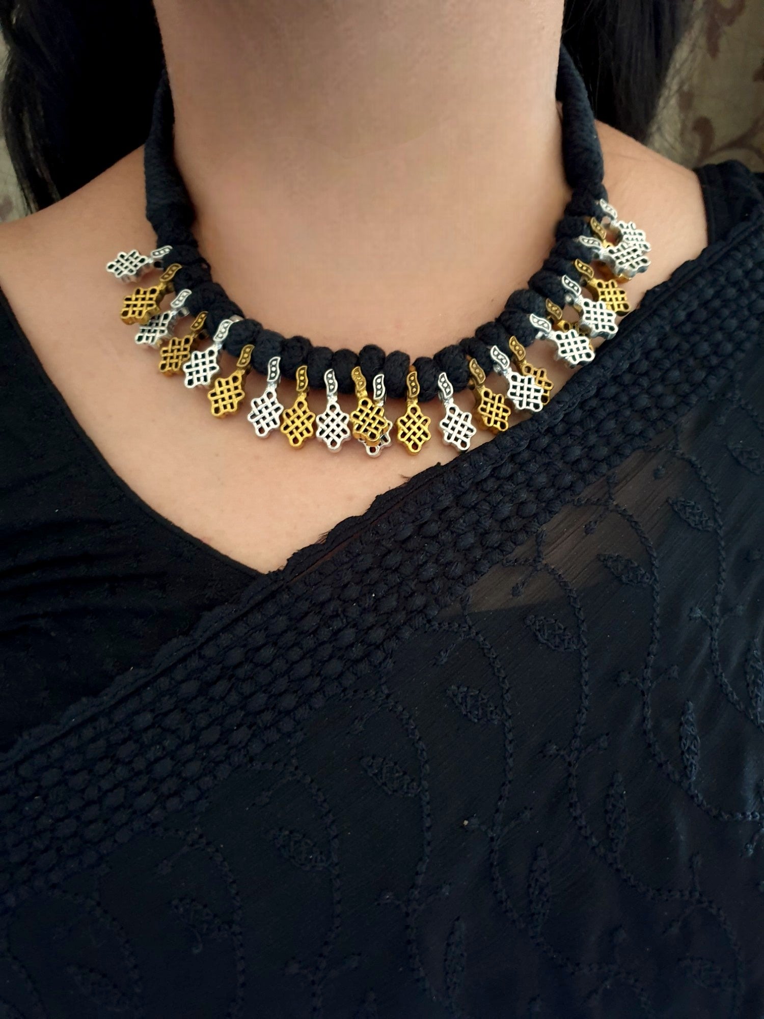 Oxidised Silver Fusion Dual Tone Thread Necklace