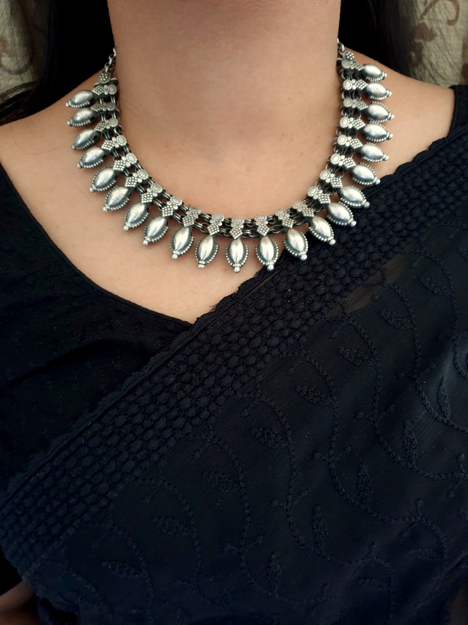 Handcarved Oxidised Silver LookaLike Necklace