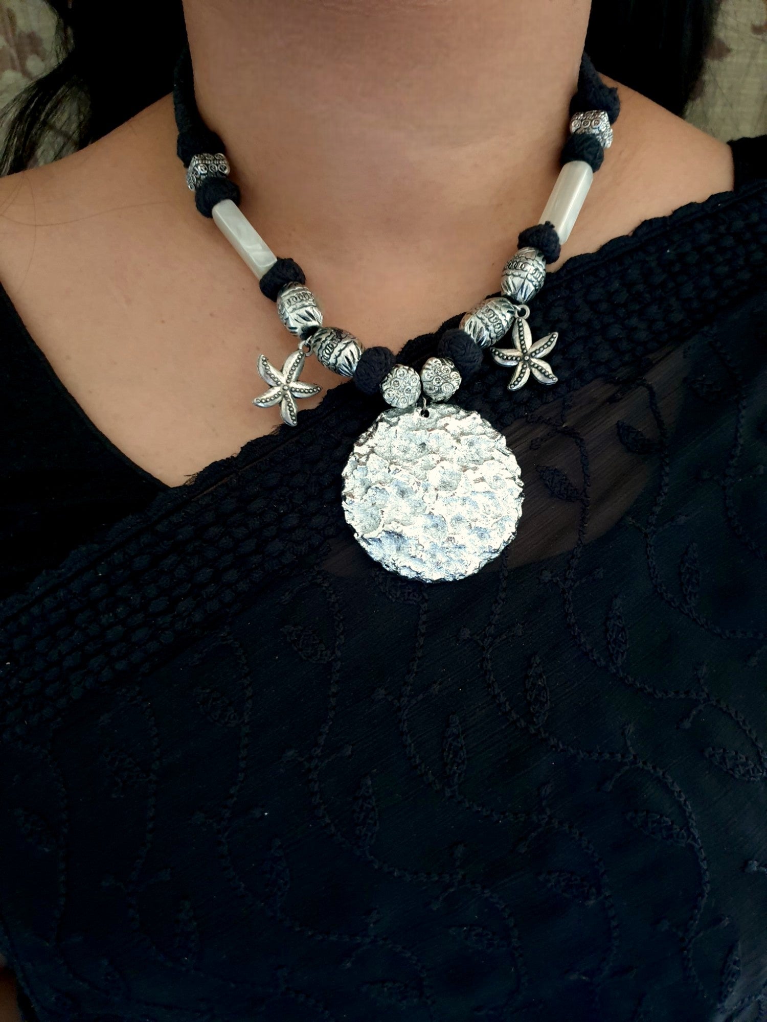 Black Thread Oxidised Silver Necklace Set