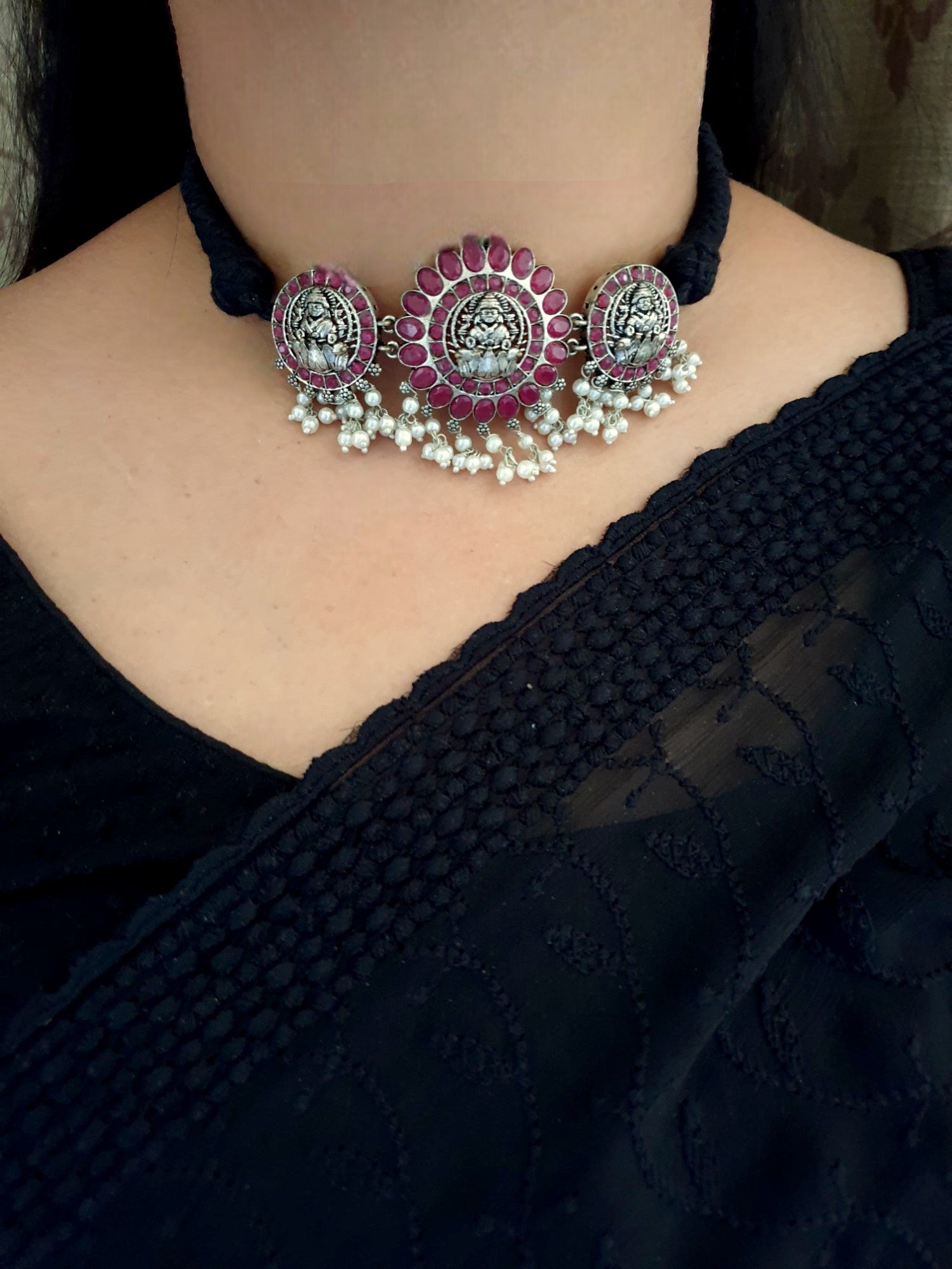 Red Stone Oxidised Silver Temple Choker Necklace