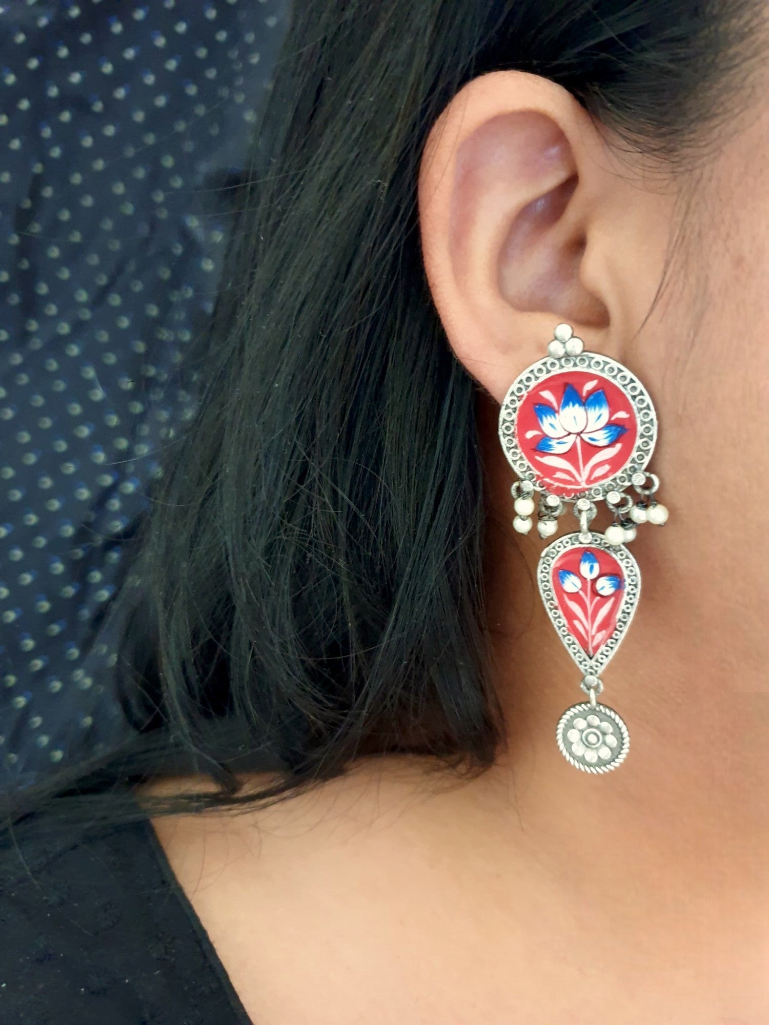 Red Handpainted Oxidised Silver Earrings