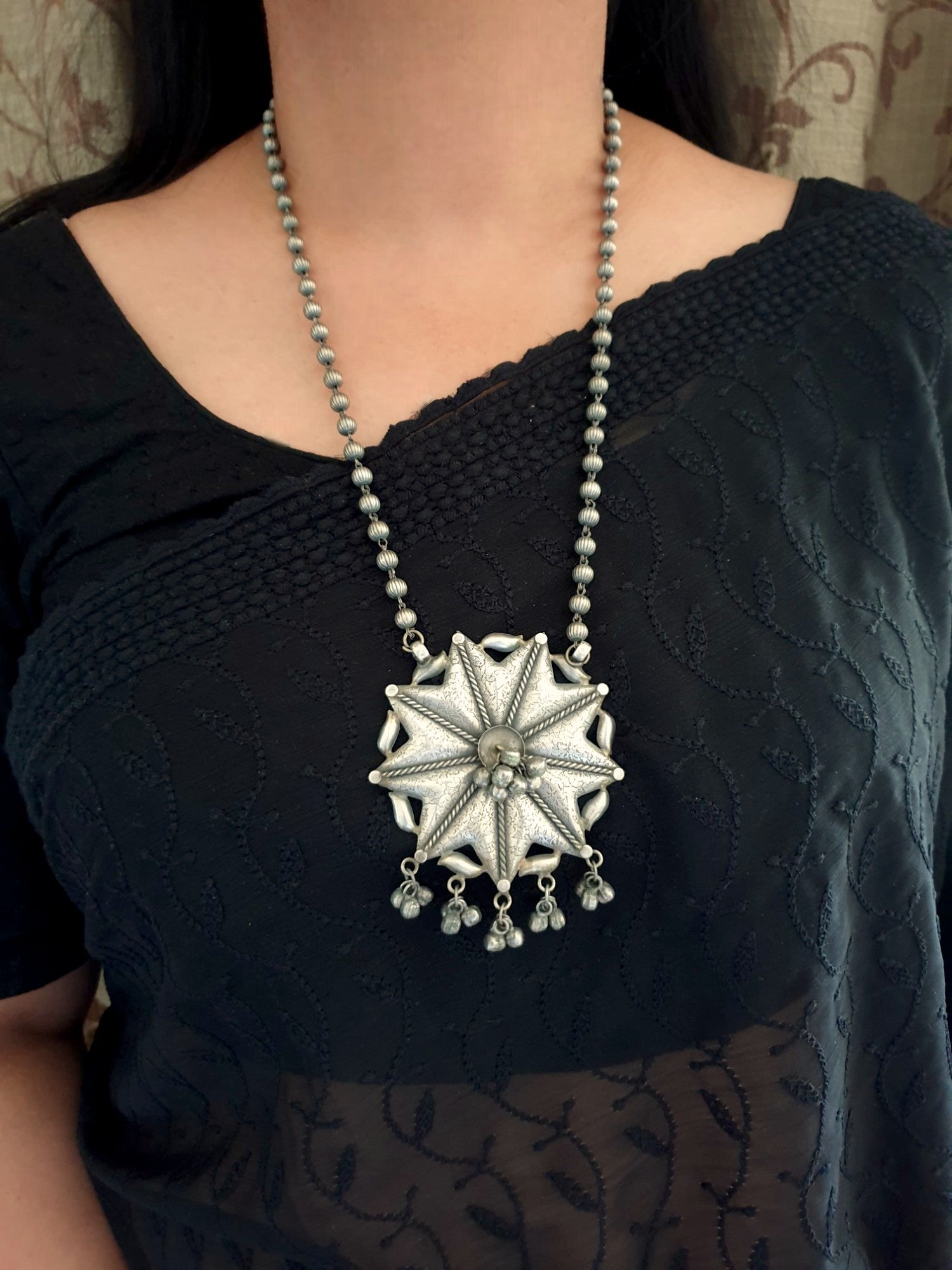 Floral Oxidised Silver lookalike Necklace