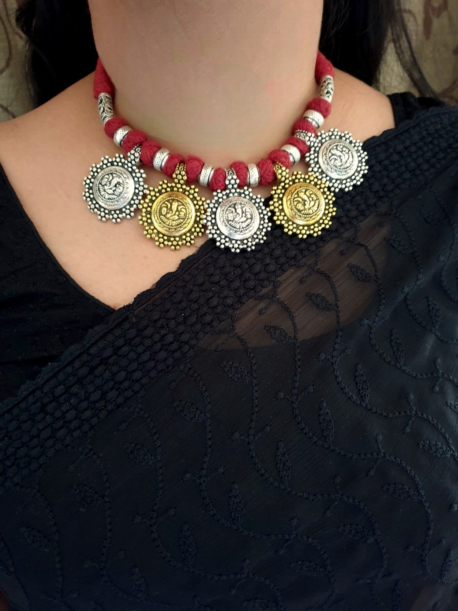 Ganesha Dual Tone Oxidised Maroon Thread Necklace