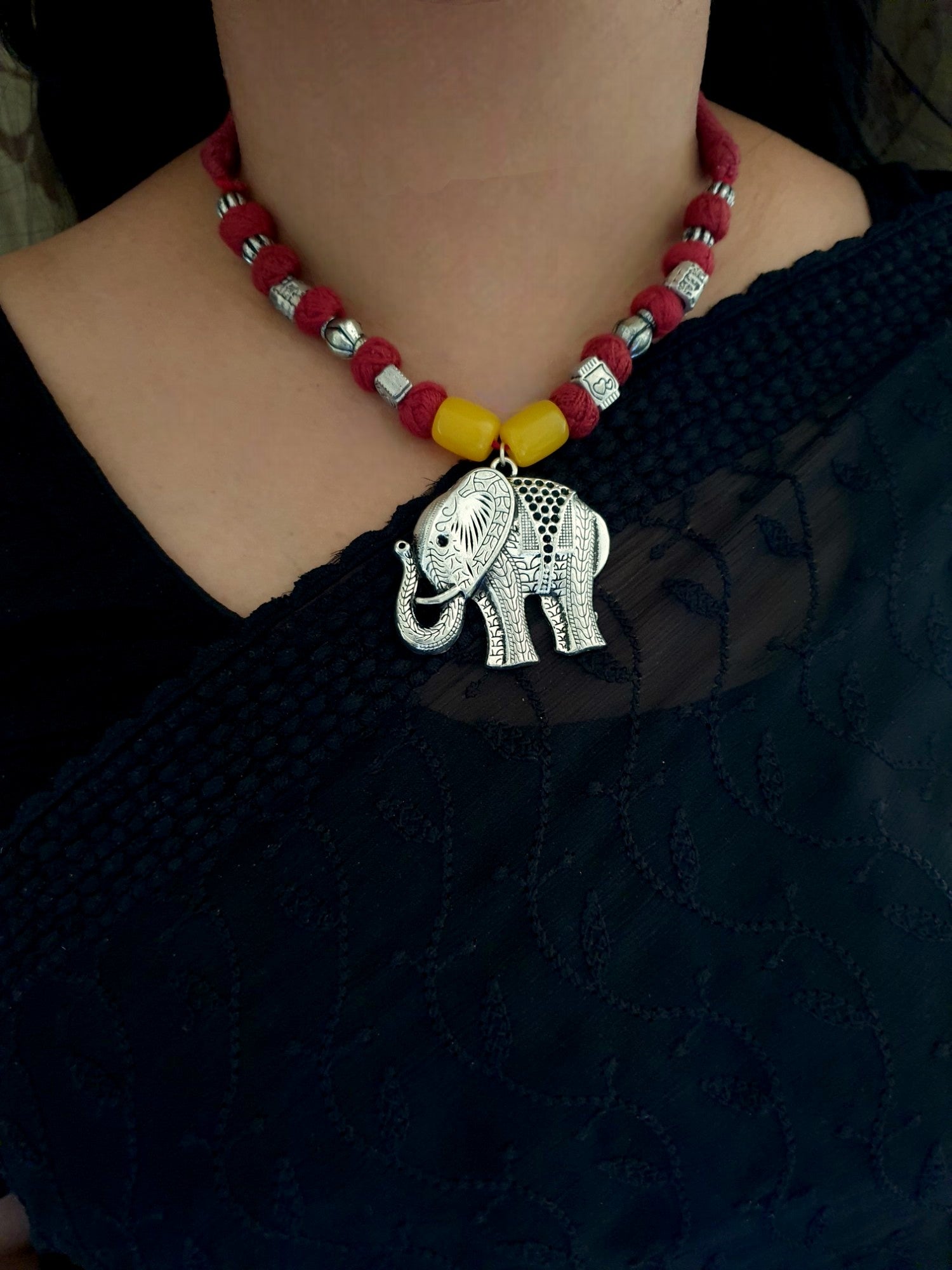 Oxidised Silver Elephant Thread Fancy Necklace