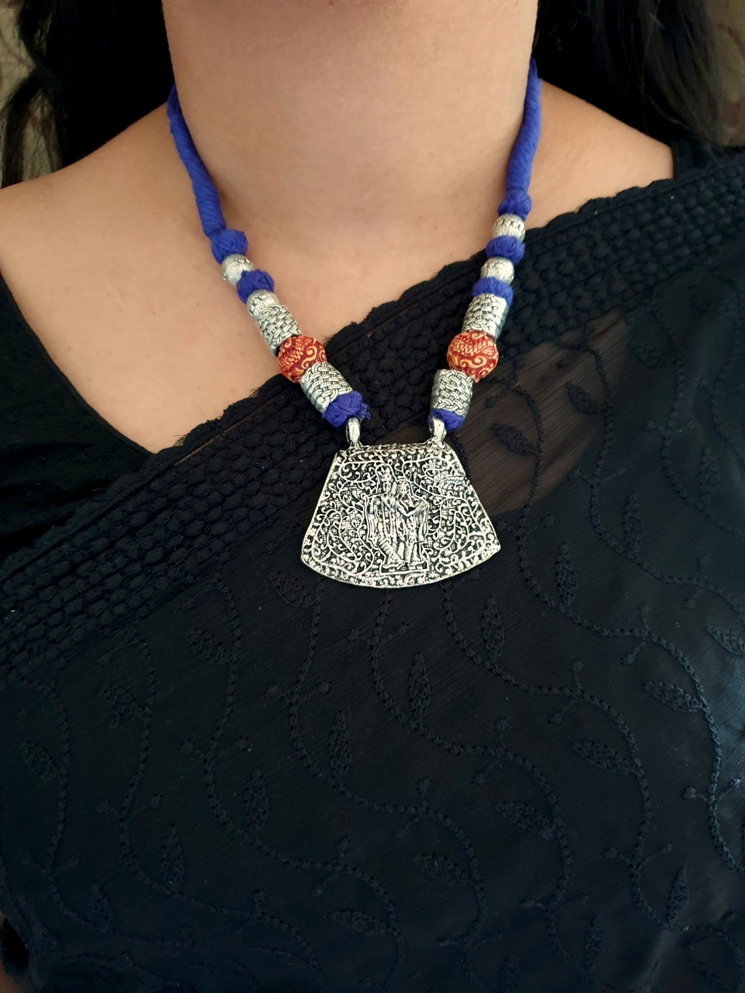 Radha Krishna Blue Thread Oxidised Silver Necklace Set