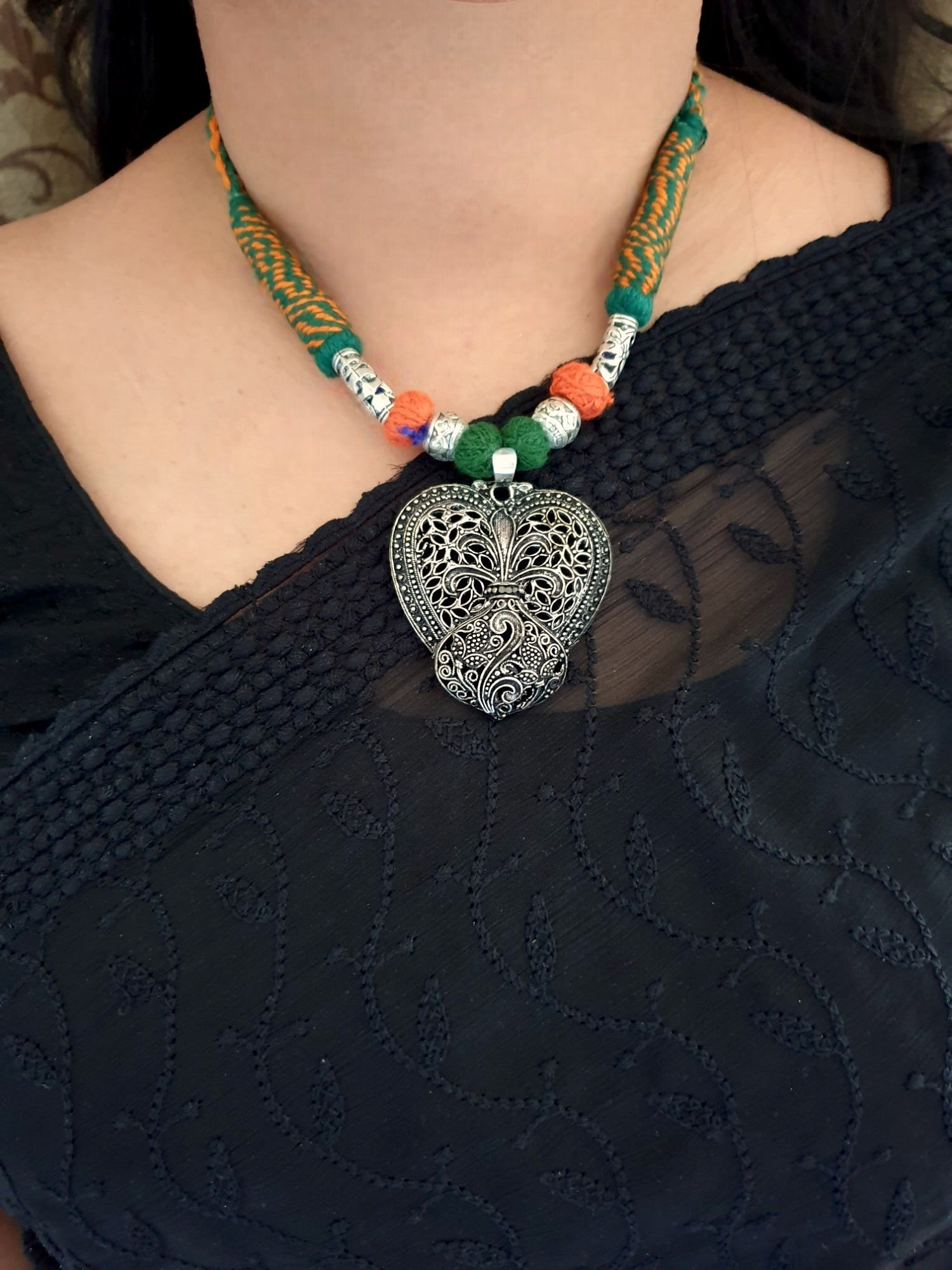 Oxidised Silver Fusion Thread Fancy Necklace