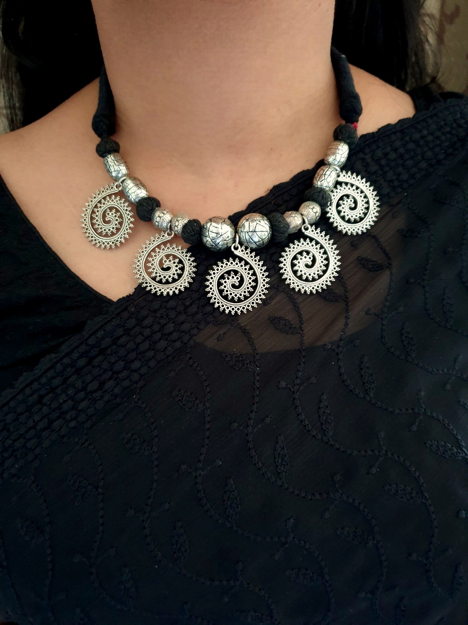 Oxidised Silver Black Thread Fancy Necklace