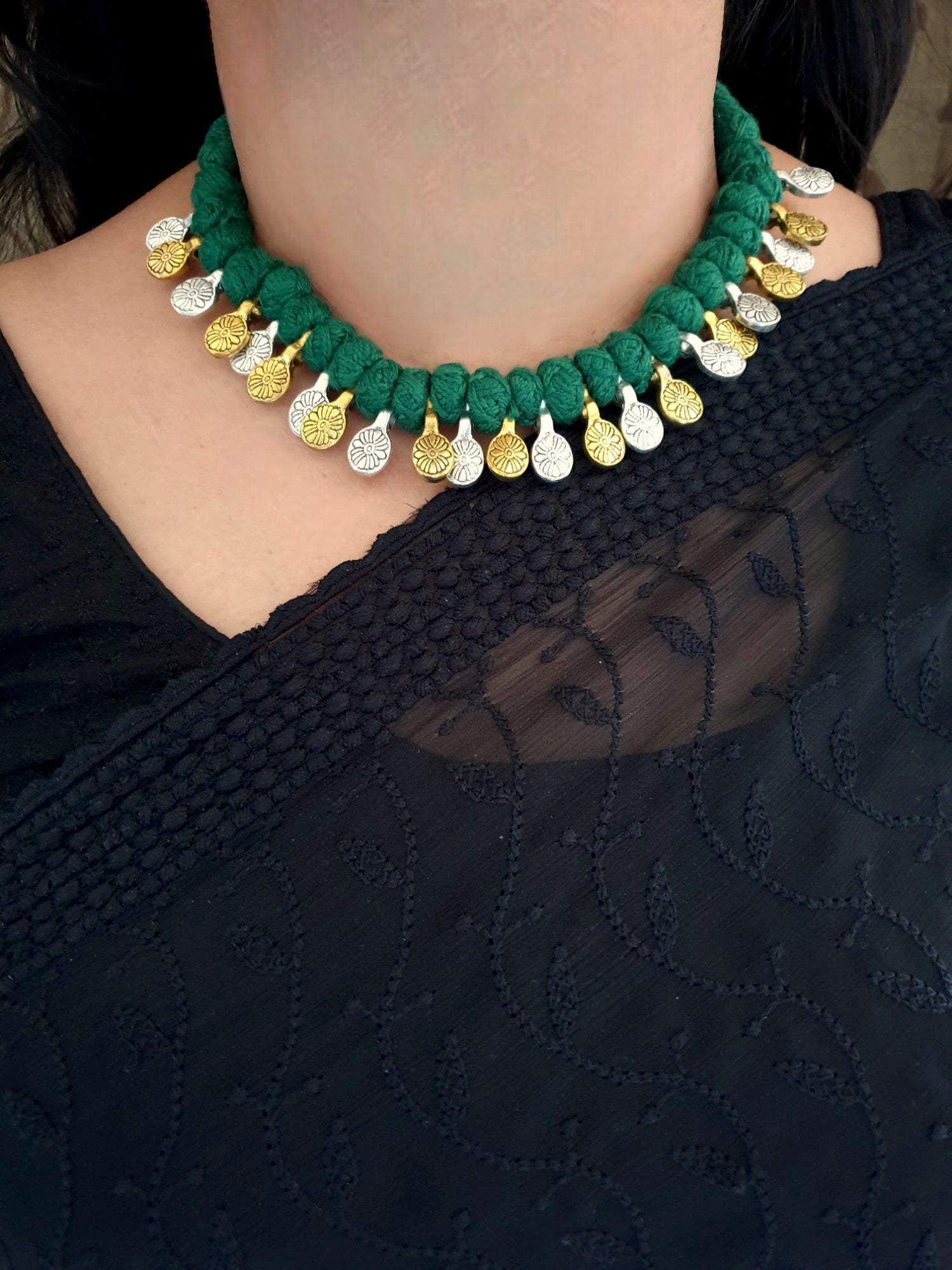 Dual Tone Oxidised Green Thread Necklace Set