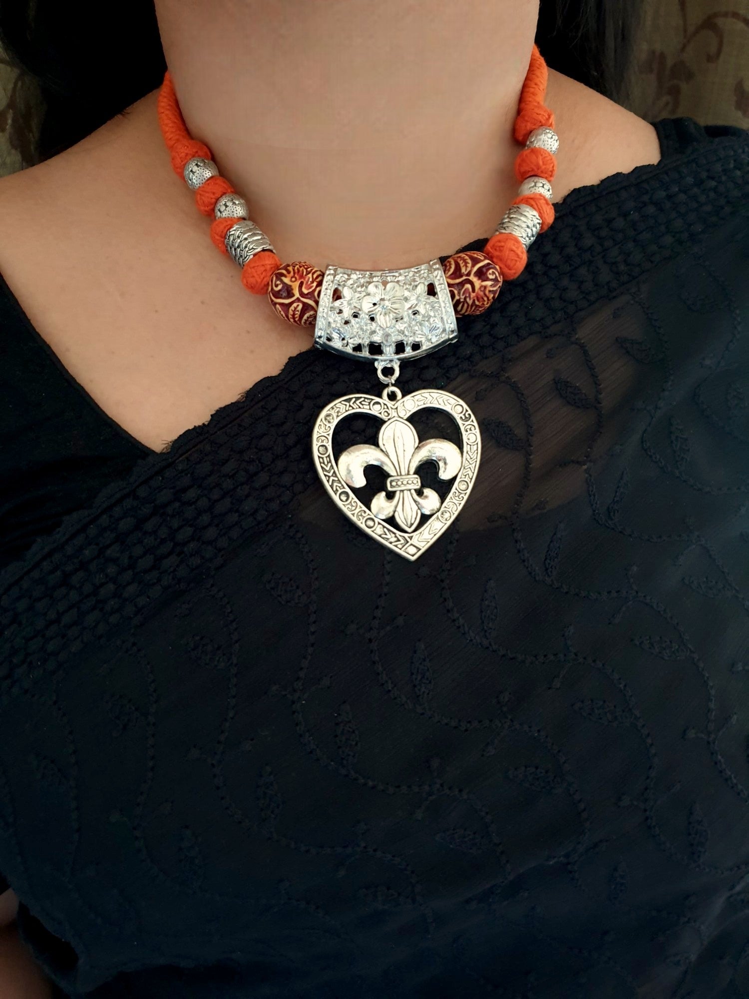 Oxidised Silver Fusion Orange Thread Necklace