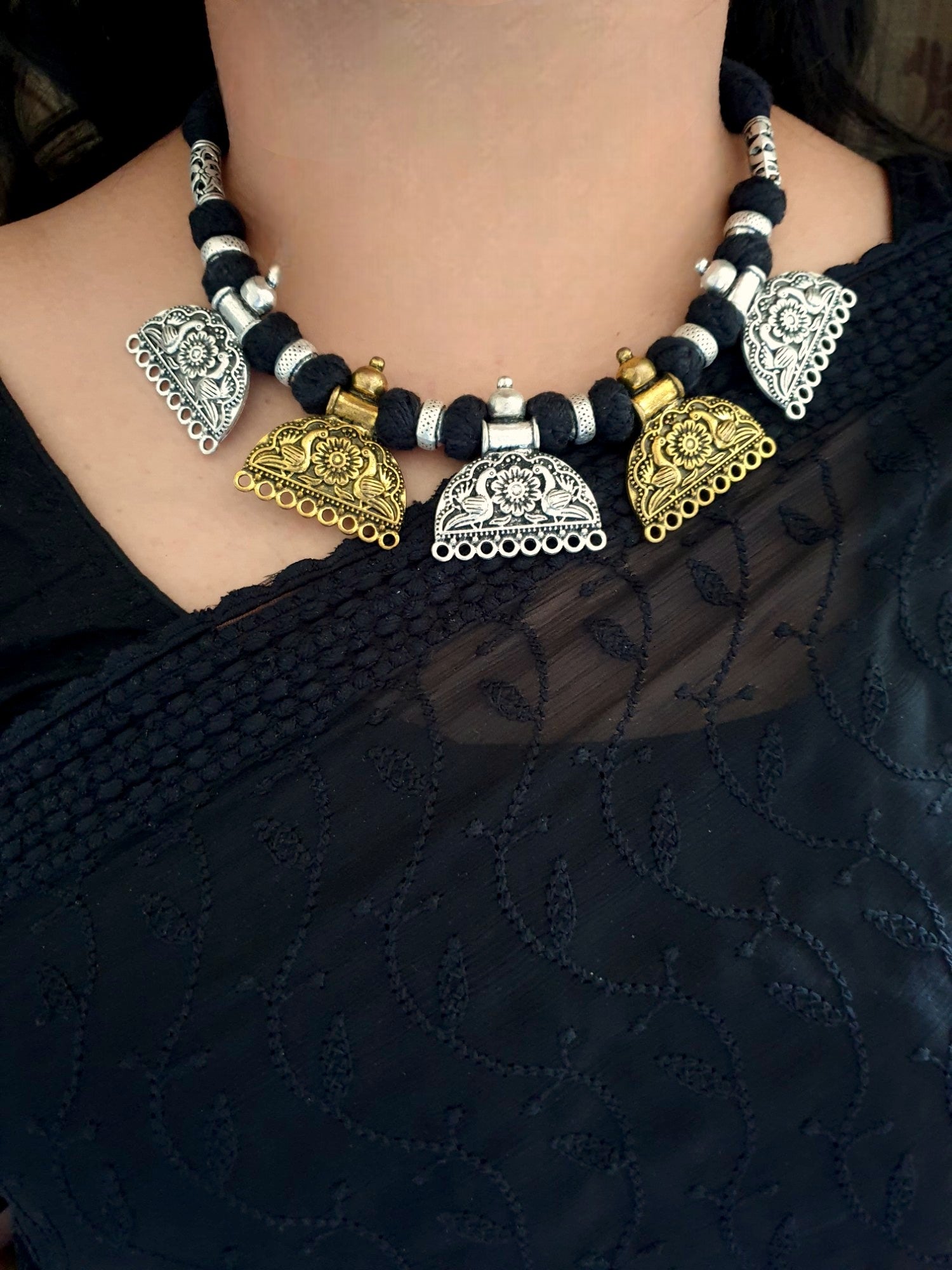 Dual Tone Black Thread Oxidised Silver Necklace Set